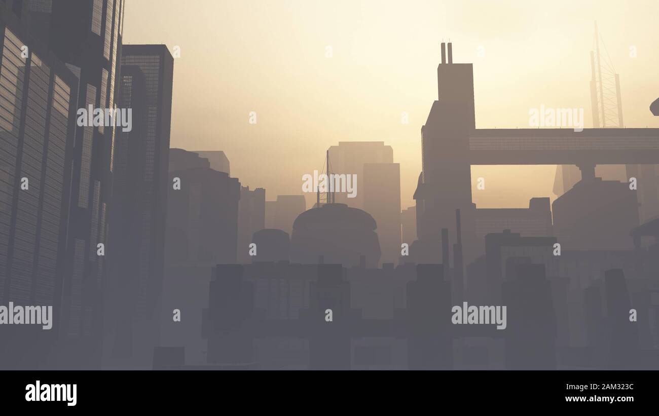 Postapokalyptische, Stark von der Luft Verschmutzte, Rauchige 3D-Illustration von Metropolis Stockfoto