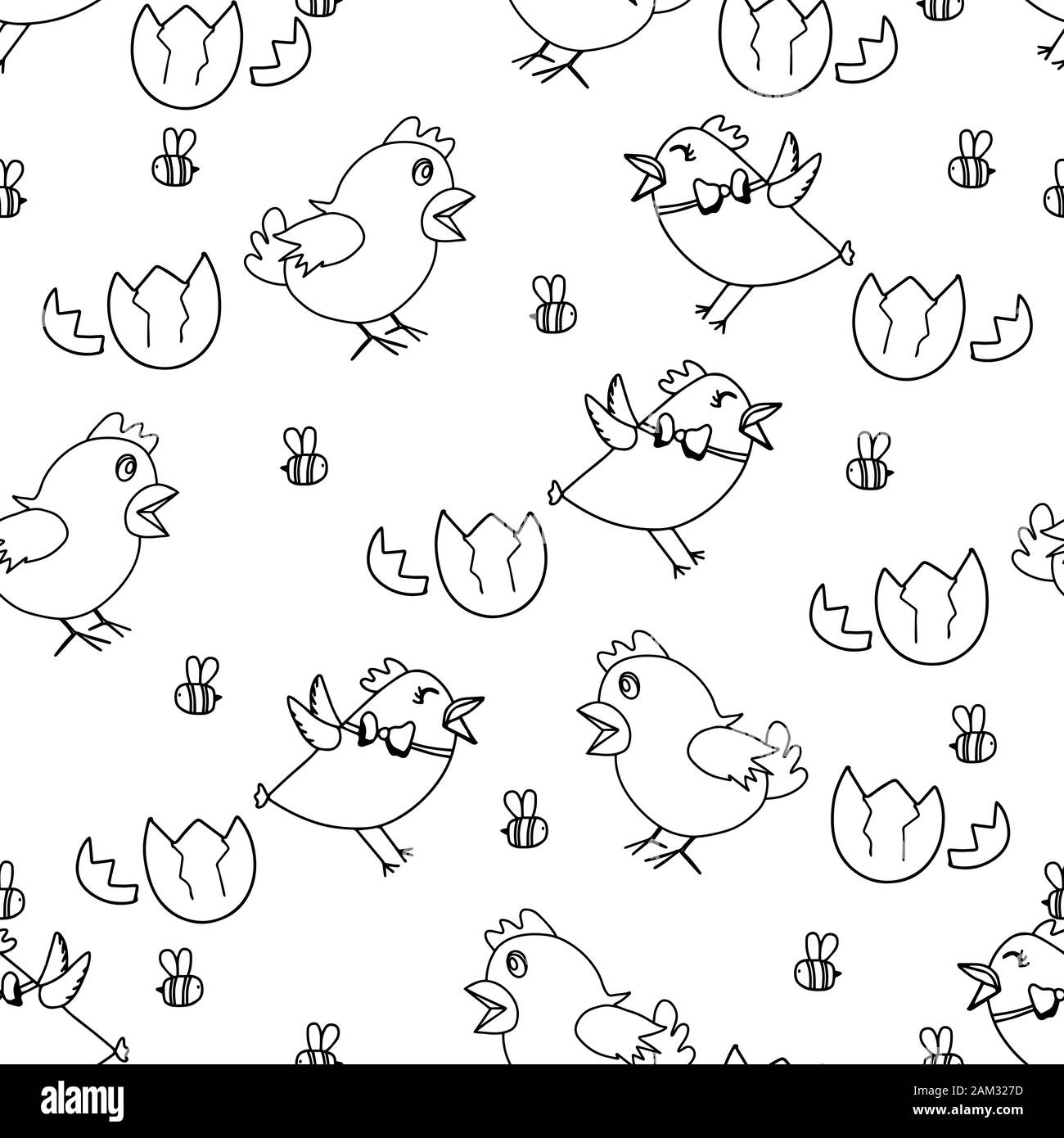 Nahtlose Muster mit Küken und Bienen in minimalistischem Stil auf weißem Hintergrund. Drucken auf Stoff, Textilien, Tapeten. Vektor doodles Illu Stock Vektor