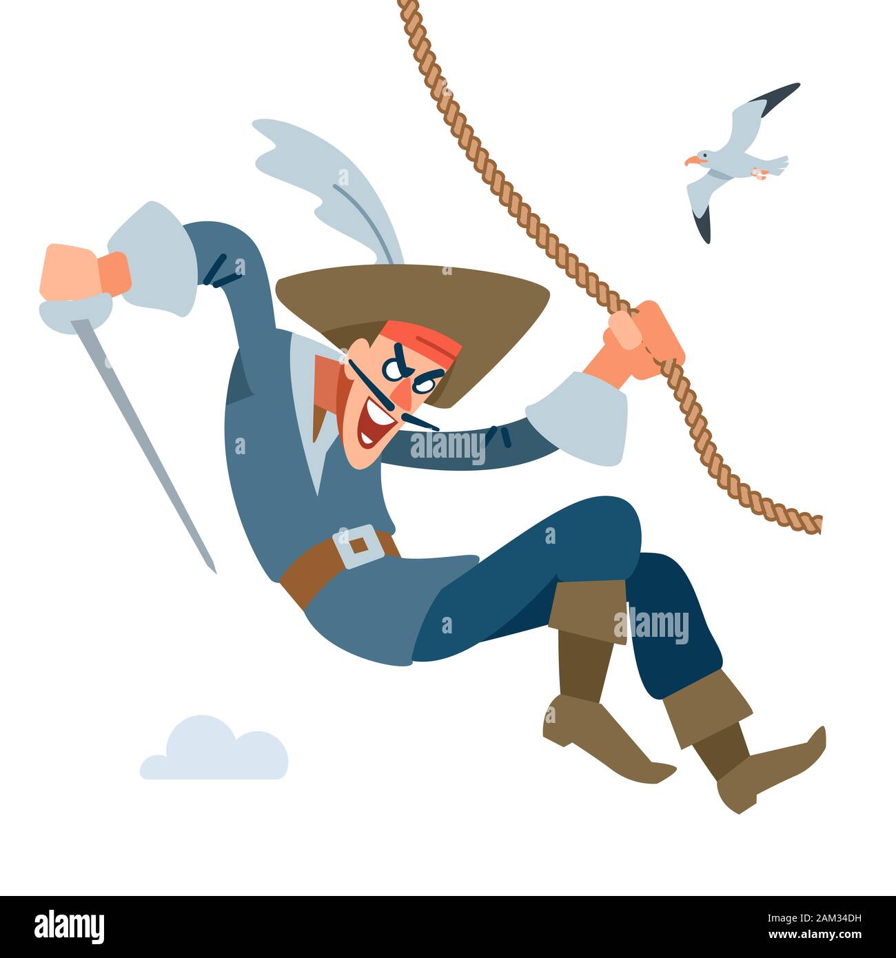 Der Charakter ist ein Pirat Kapitän. Piratenüberfälle von oben hängt am Seil. Vektor Cartoon Illustration flach.. Stock Vektor