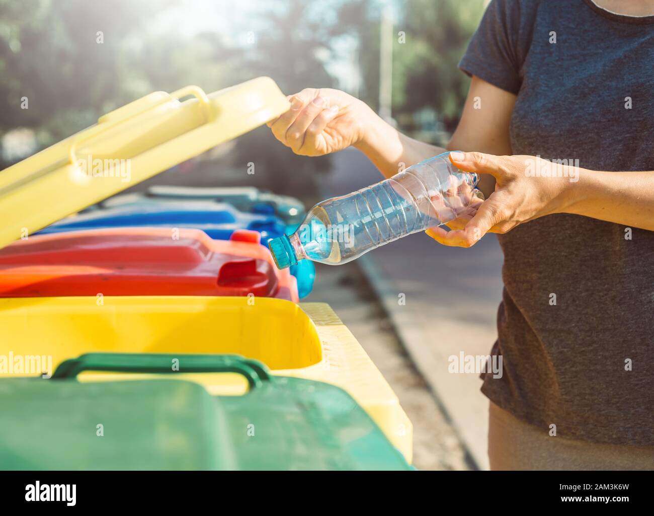 Eine Kunststoffflasche wird in einem Abfallbehälter entsorgt. In einem Abfallbehälter sortieren. Umweltverschmutzung. Stockfoto