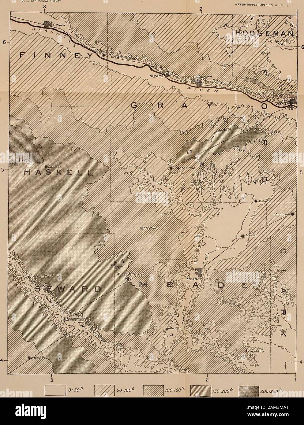 Unterirdischen Gewässern des südwestlichen Kansas. Karte geben tiefe GRUNDWASSER. ha Wert. 1 STUFE DER TERTIÄREN GRUNDWASSER. 45 Creek, mit unregelmäßigen Gebieten im Osten - zentralen Teil von Meade Countyand weniger abgelegenen Gebieten anderswo. Die nächste Kontur, mit einer Tiefe von (00 bis L 50 Fuß, Abdeckungen, - ich mag Gegend und enthält einen Teil der hohen Teilen von Dodge West - Abteilung almosl zum Garten, ein Teil der Kluft zwischen den Arkan-SAS-Fluss und Crooked Creek, und ein großer Teil der hohen uplandsin Meade County und ein beträchtlicher Teil der Haskell und Finneycounties. Der Bereich abgedeckt, der durch den nächsten Stockfoto