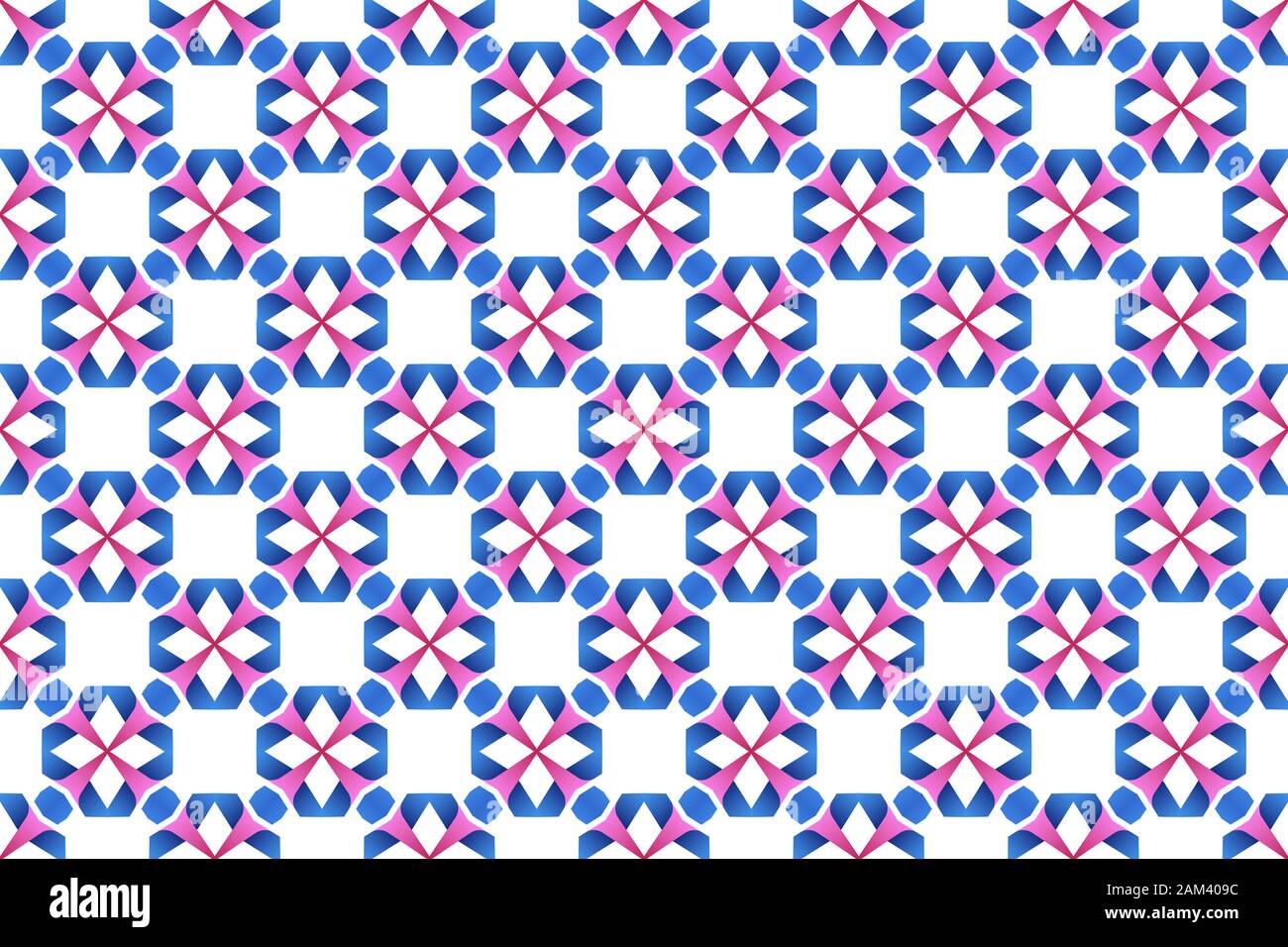 Abbildung: Nahtloses Design mit geometrischem Muster. Hintergrundtextur. Verwendete Farbverläufe in Blau-, Rosa- und Violettfarben auf weißem Hintergrund. Stockfoto