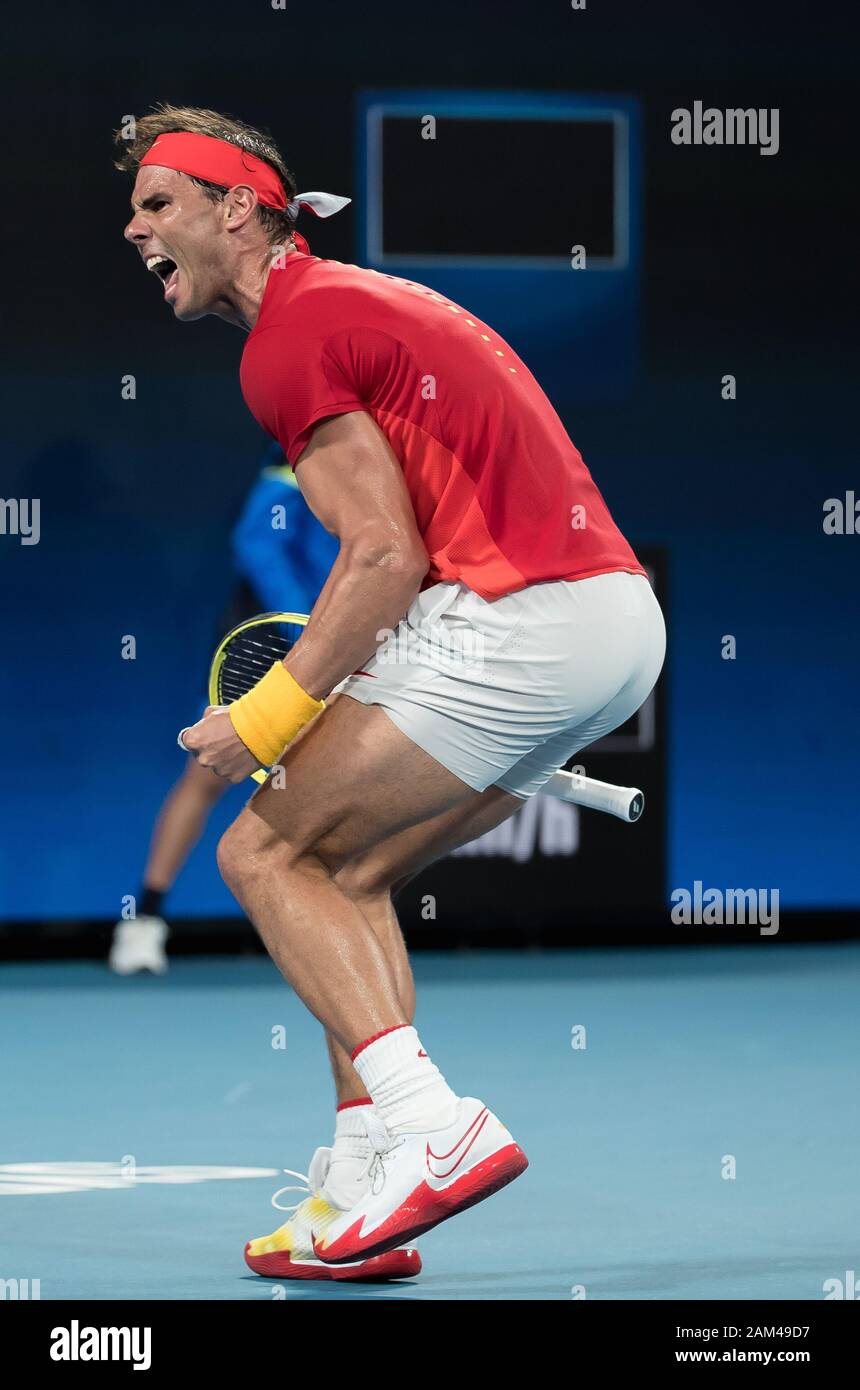 Sydney, Australien. 11 Jan, 2020. Rafael Nadal von Spanien feiert gegen Alex De Minaur von Australien beim ATP-Cup Halbfinale zwischen Spanien und Australien in Sydney, Australien, Jan. 11, 2020. Credit: Zhu Hongye/Xinhua/Alamy leben Nachrichten Stockfoto