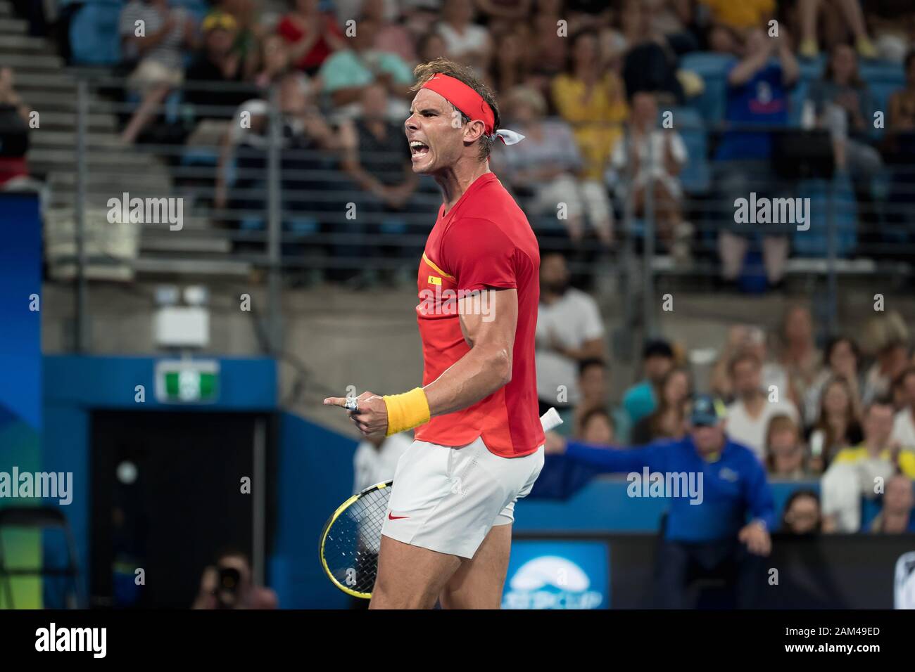 Sydney, Australien. 11 Jan, 2020. Rafael Nadal von Spanien feiert gegen Alex De Minaur von Australien beim ATP-Cup Halbfinale zwischen Spanien und Australien in Sydney, Australien, Jan. 11, 2020. Credit: Zhu Hongye/Xinhua/Alamy leben Nachrichten Stockfoto