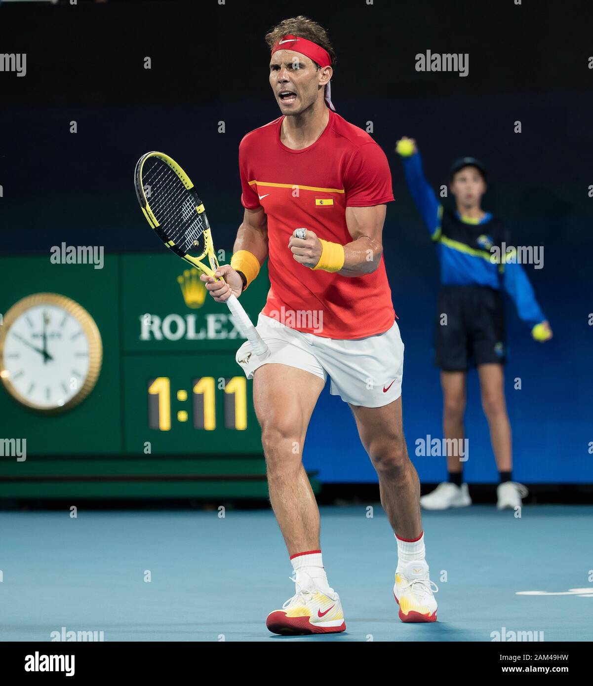 Sydney, Australien. 11 Jan, 2020. Rafael Nadal von Spanien feiert gegen Alex De Minaur von Australien beim ATP-Cup Halbfinale zwischen Spanien und Australien in Sydney, Australien, Jan. 11, 2020. Credit: Zhu Hongye/Xinhua/Alamy leben Nachrichten Stockfoto