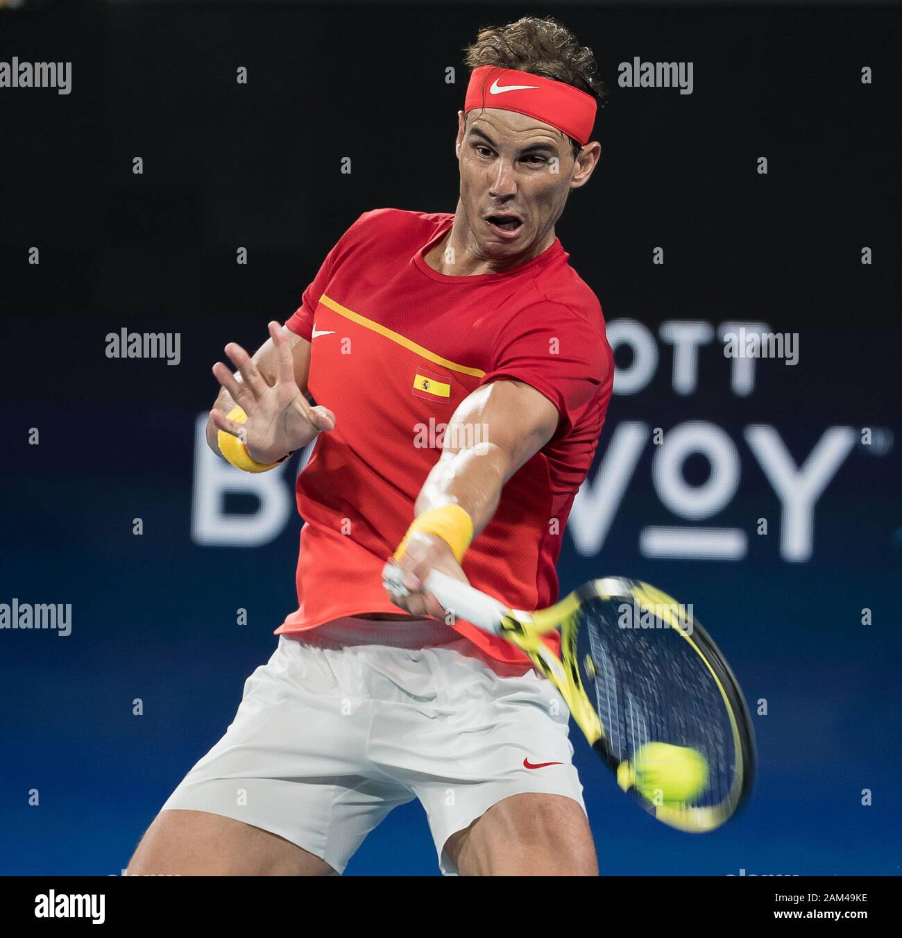 Sydney, Australien. 11 Jan, 2020. Rafael Nadal von Spanien konkurriert gegen Alex De Minaur von Australien beim ATP-Cup Halbfinale zwischen Spanien und Australien in Sydney, Australien, Jan. 11, 2020. Credit: Zhu Hongye/Xinhua/Alamy leben Nachrichten Stockfoto