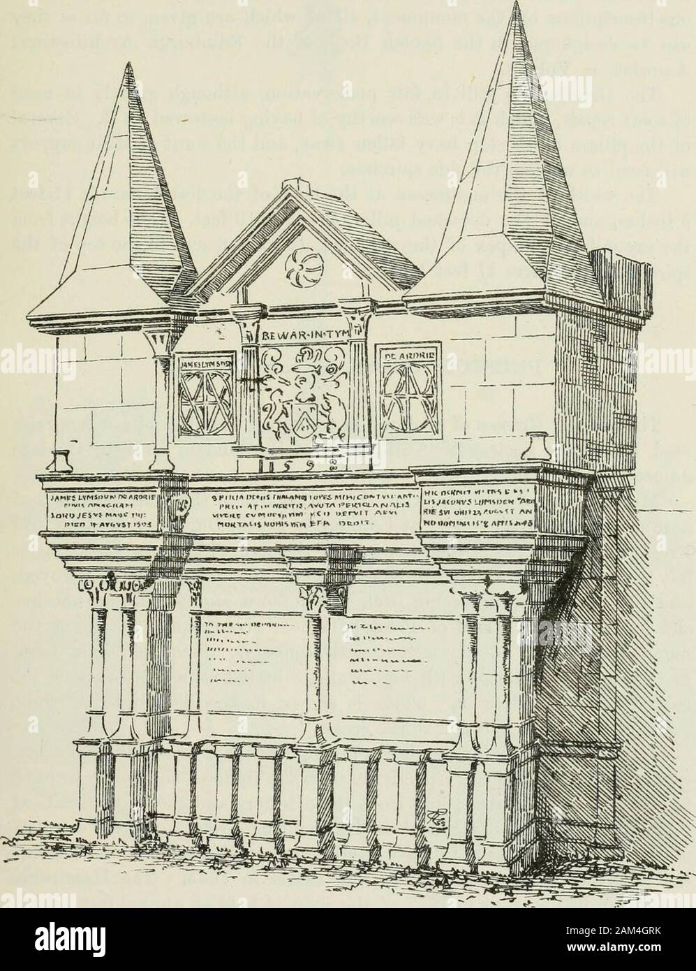 Die kronenmutter und inländischen Architektur von Schottland, vom zwölften bis zum achtzehnten Jahrhundert. Fio. 1319.- Denkmal für Edward, Herr Kinloss. Die LUMSDEN MONUMENT 209 VIERTER ZEITRAUM DER LUMSDEN MONUxMENT, CRAIL, Eifeshike. Dieses Denkmal enthält in seiner corbelling eine Reminiszenz an die Scot- tish Stil, mit Beginn der Renaissance arbeiten vermischt (Abb. 1320). Es standsagainst der Nordwand an der westlichen Ecke des Kirchhof der Crail.. V. fia. 13:; 0. - Tlie r-uiusdtii Monuiiient, Crail. O vierte Periode 210 Preston Cross In der zentralen Bedienfeld sind die familienwappen - Azure, Chevron oder betweena Wolfs Kopf co Stockfoto