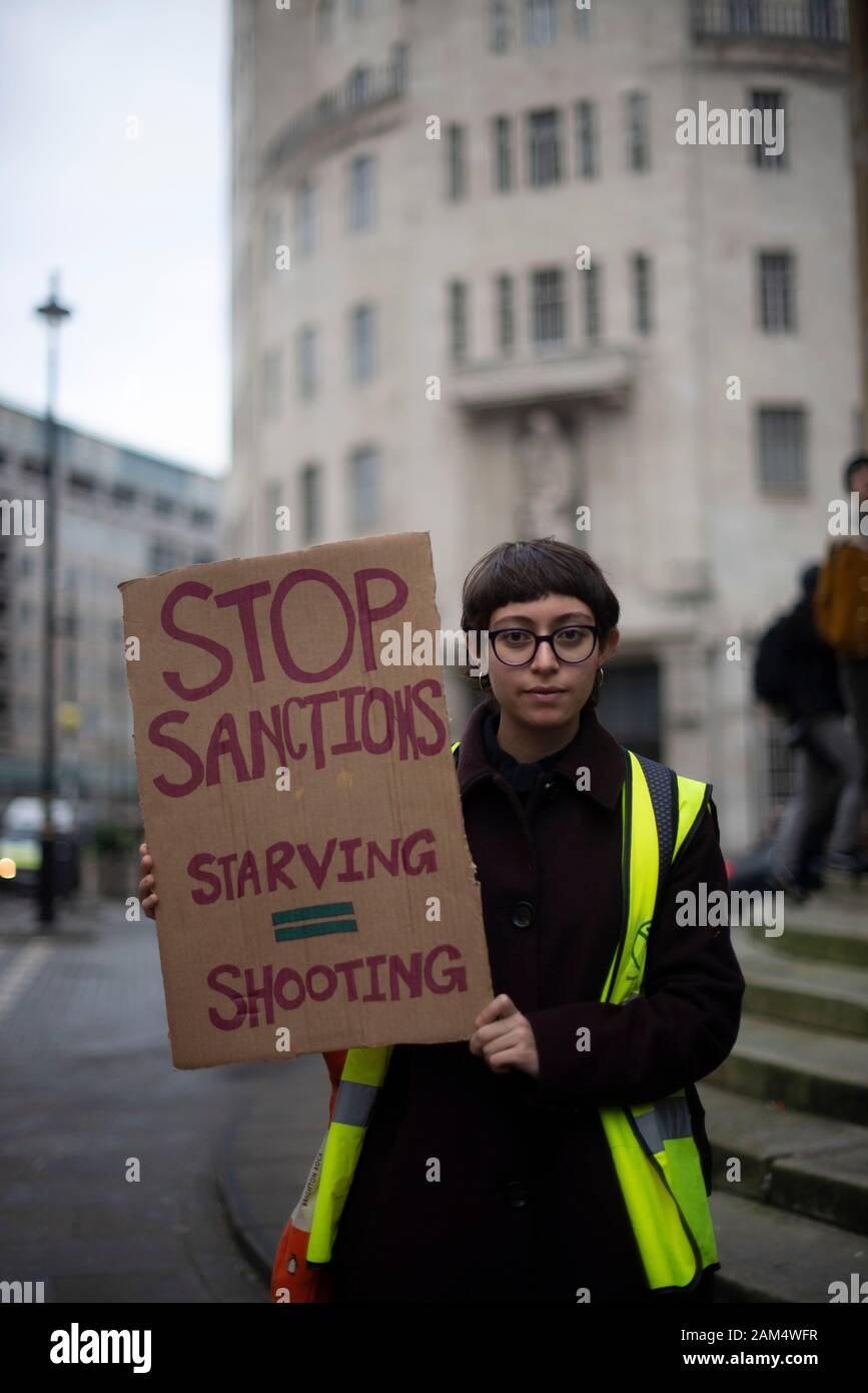 Portland Place, London, Untied Kingdom. Am 11. Januar 2020 Versammeln Sich Demonstranten und Kampagnen, um eine sofortige Deeskalation im Mittleren E zu fordern Stockfoto