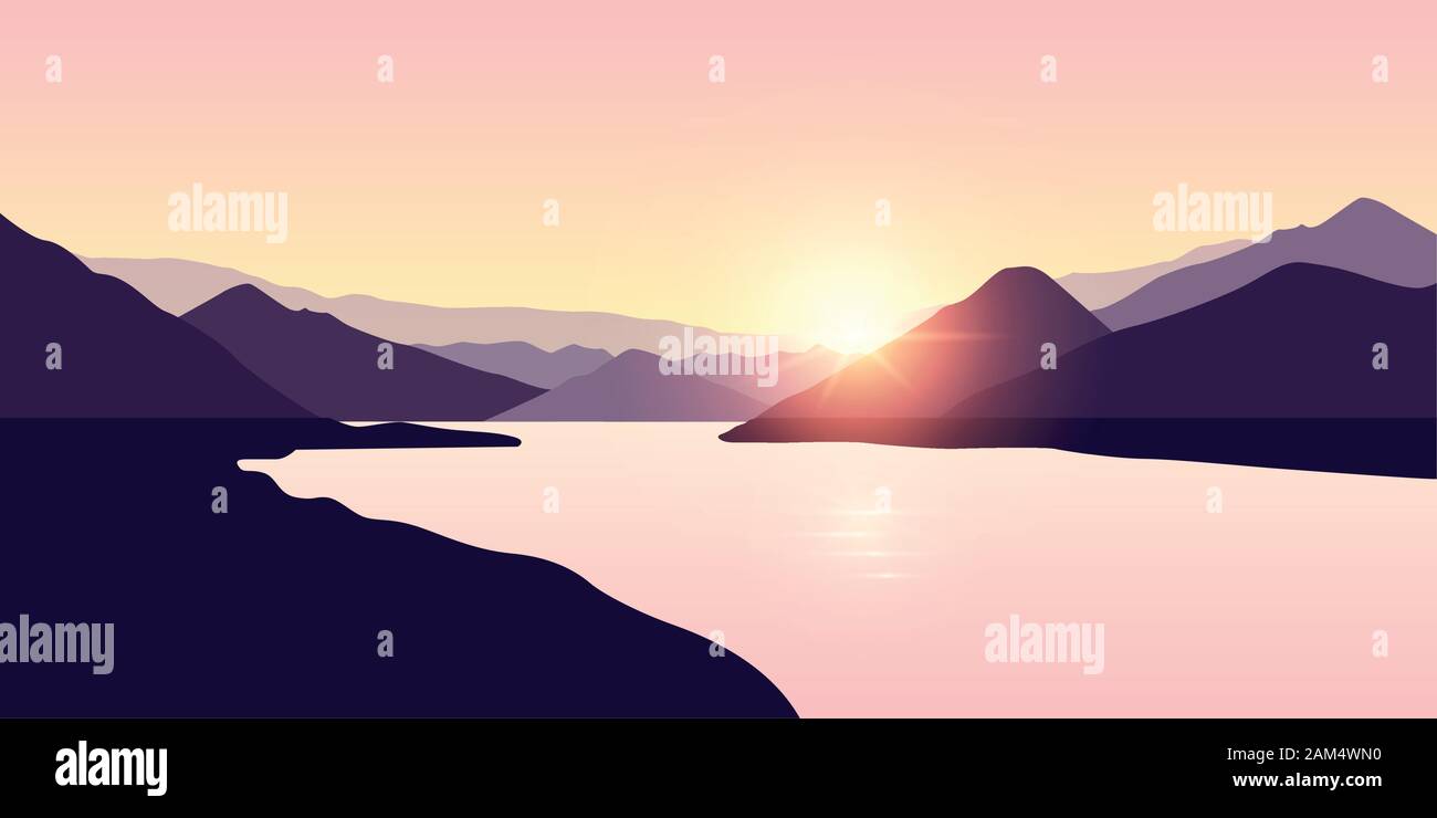 Friedliche Big river Natur Landschaft bei Sonnenaufgang in violetten Farbtönen Vektor-illustration EPS 10. Stock Vektor