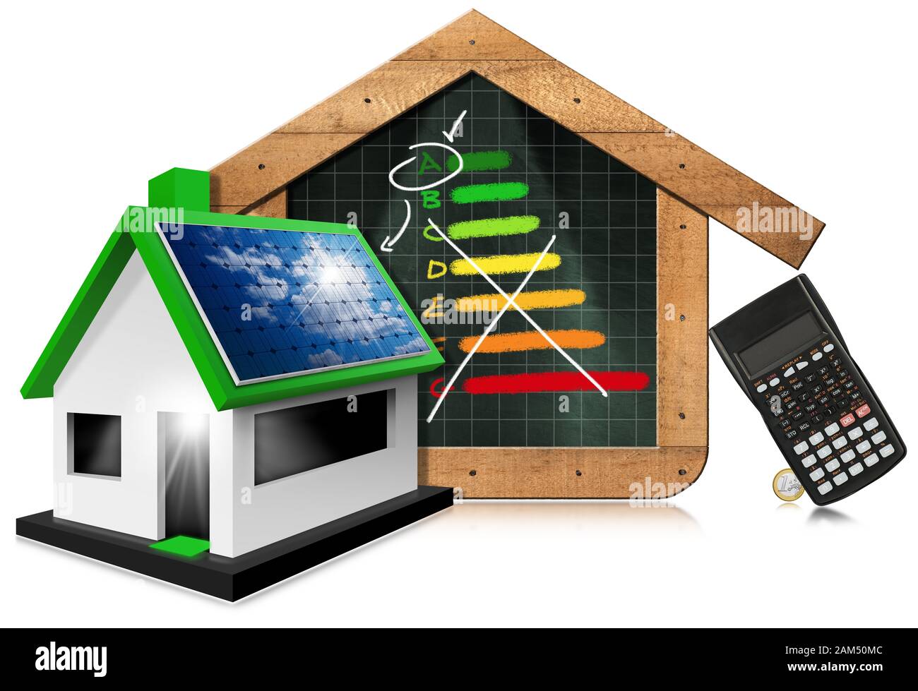 3D-Darstellung eines Modellhauses mit Solarpanel, Rechner, Euro-Währung und Kreidezeichnung eines Energieleistungstabels auf einer Tafel Stockfoto