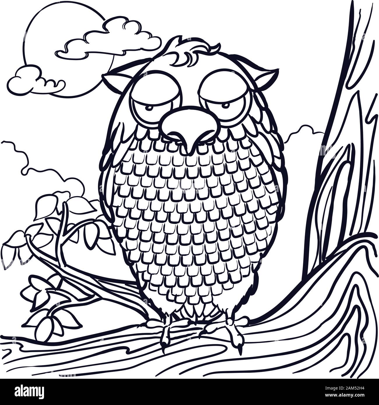 Eule, die auf einem Ast vor dem Mond sitzt Stock Vektor