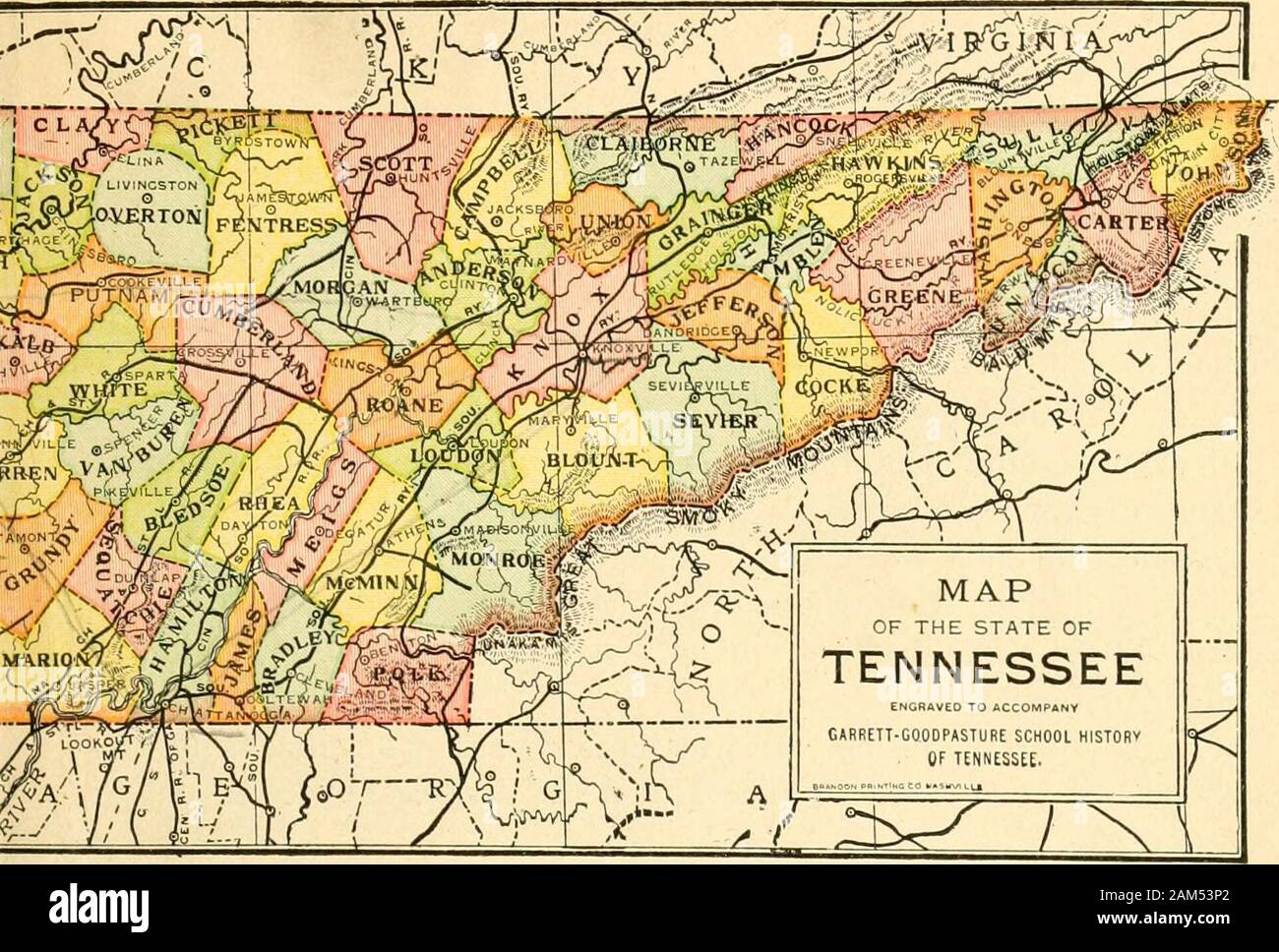 Geschichte von Tennessee, seiner Menschen und seiner Institutionen. Johnson… Knox CouJSTY Sitz. Jamestown.. Winchester ... Trenton Pulaski Rutledge Greeneville.. Altamont.... Morristown.. Chattanooga. Sneedville Bolivar Savannah.... Rogersville... Brownsville.. Lexington.... Paris Centerville Erin Waverly Gainesboro... Ooltewah Dandridge..., Berg CityKnoxville V n! "E eine 1823180718231809179617831844187018191 S 44182 s 18191/S 6182.318211 S211 S071 S71ISOQ iSoi 1871 1792 351792 5,22118,92 35,8534,9513,1926,61 IST. 6,34.11, 41; 53,4810; 3421,02117,69 22,2423,55 16,33 21,07 14,49 8,85 4,9016,47 5,3911,7213,32,;;;;;;;; 59 Stockfoto