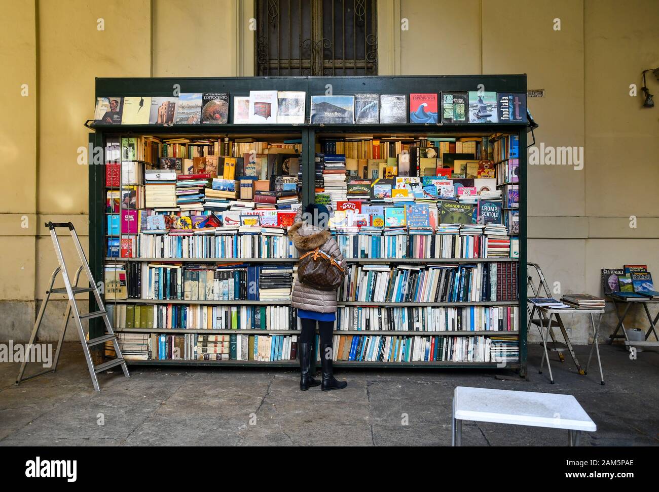 Eine Frau von hinten, die auf dem Buchmarkt unter den Arkaden Der Via Po im historischen Zentrum von Turin, Piemont, Italien ein Buch auswählt Stockfoto