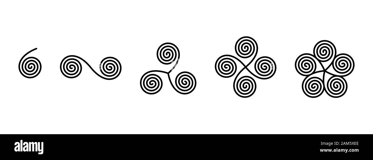 Verbunden lineare Spiralen, die alten Symbole. Einzel-, Doppel- Spirale, triskelion, tetraskelion und pentaskelion. Stockfoto