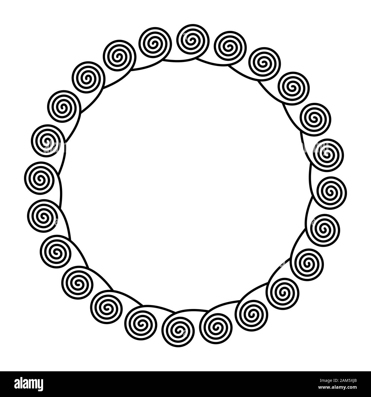 Kreis Rahmen durch Spiralen auf der Außenseite. Lineare Spiralen bilden einen dekorativen Muster und Muster, die durch wiederholte Linien gebaut. Stockfoto
