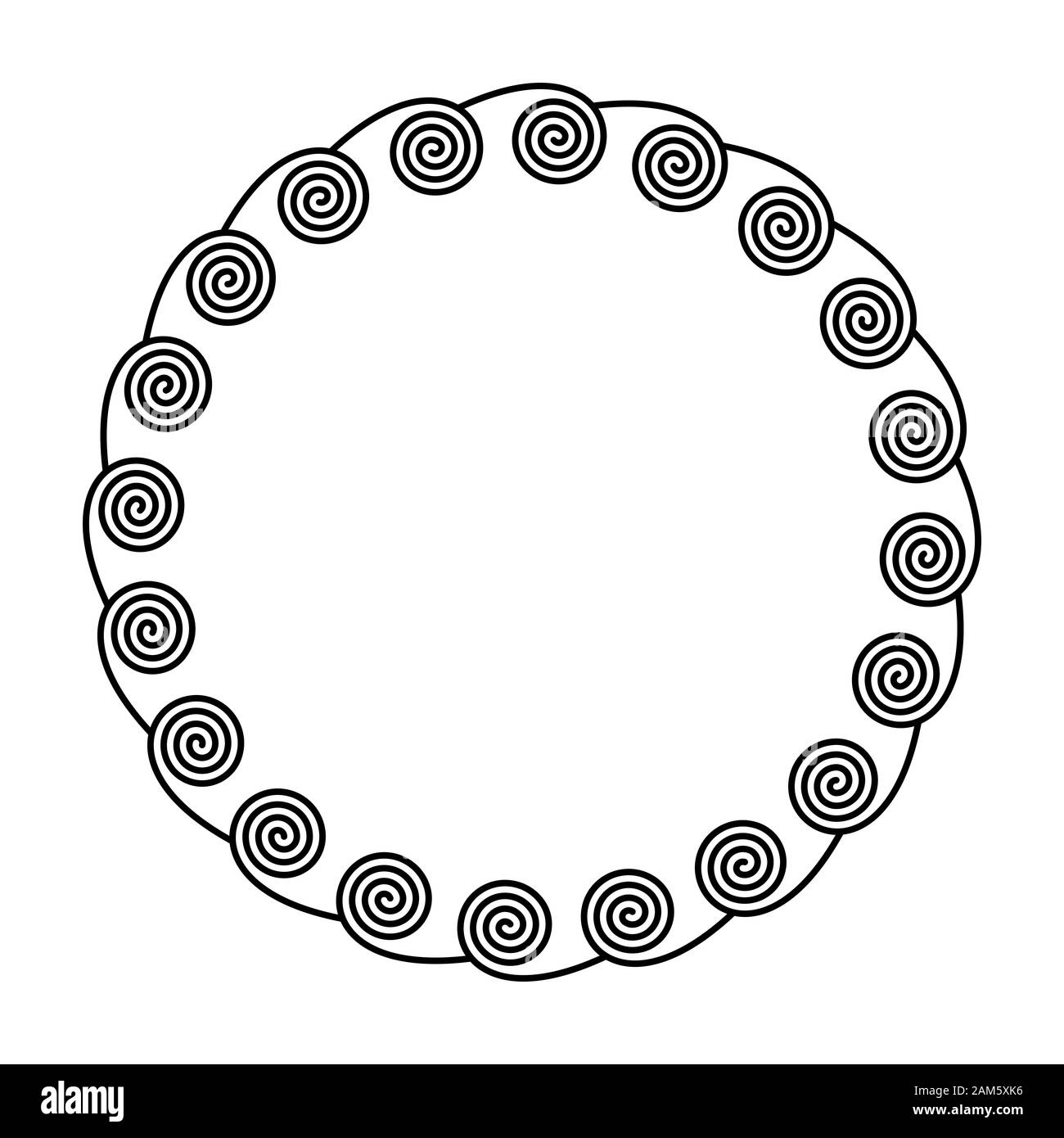 Kreis Rahmen durch Spiralen auf der Innenseite. Lineare Spiralen bilden einen dekorativen Muster und Muster, die durch wiederholte Linien gebaut. Stockfoto