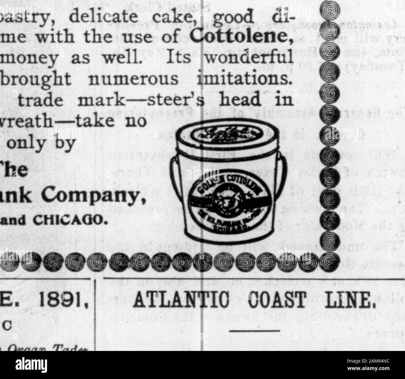 Die Nord-carolina Presbyterianer. 1865. W. S. MOORE. 1891, Greensboro. N CEtUMuhed 1865 - 25 Yean in (er Orgel Tader. Essen, frische Backwaren, feine Kuchen, gute di-gestion, alle mit der Nutzung von Cottolene^ Und es spart auch Geld. Seine wonderfulsuccess hat zahlreiche Imitationen gebracht. Echte hat Marke-Lenkung 4 Kopf incotton-werk Kranz - noother nehmen. Nur dann gemacht. K. Fairbank, ST. LOULS und Chicago. Stockfoto