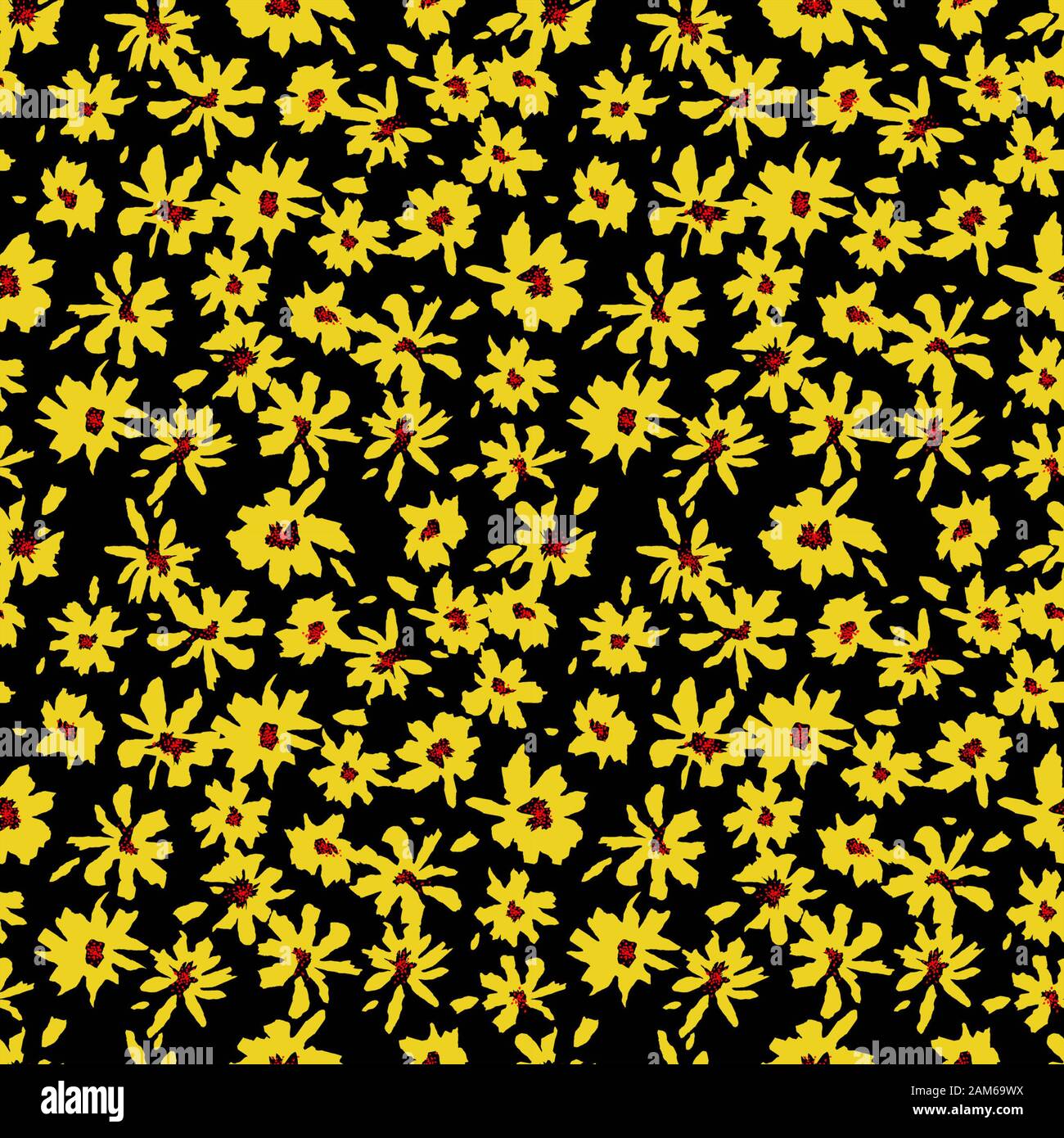 Gelbe Blumen nahtlose Muster auf schwarzen Hintergrund. Blütendruck aus Stoff. Fashion Design. - Abbildung Stockfoto
