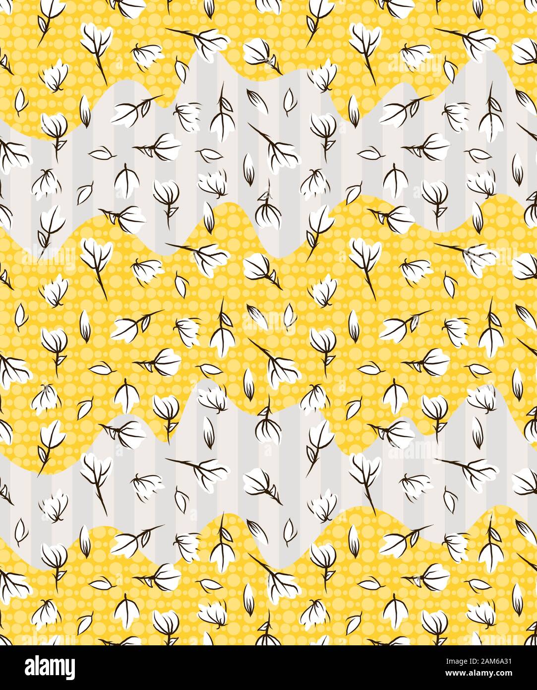 Weiß niedliche Blumen auf geometrische Kreise und Linien Hintergrund. Nahtlose Blumengewebe drucken. - Abbildung Stockfoto