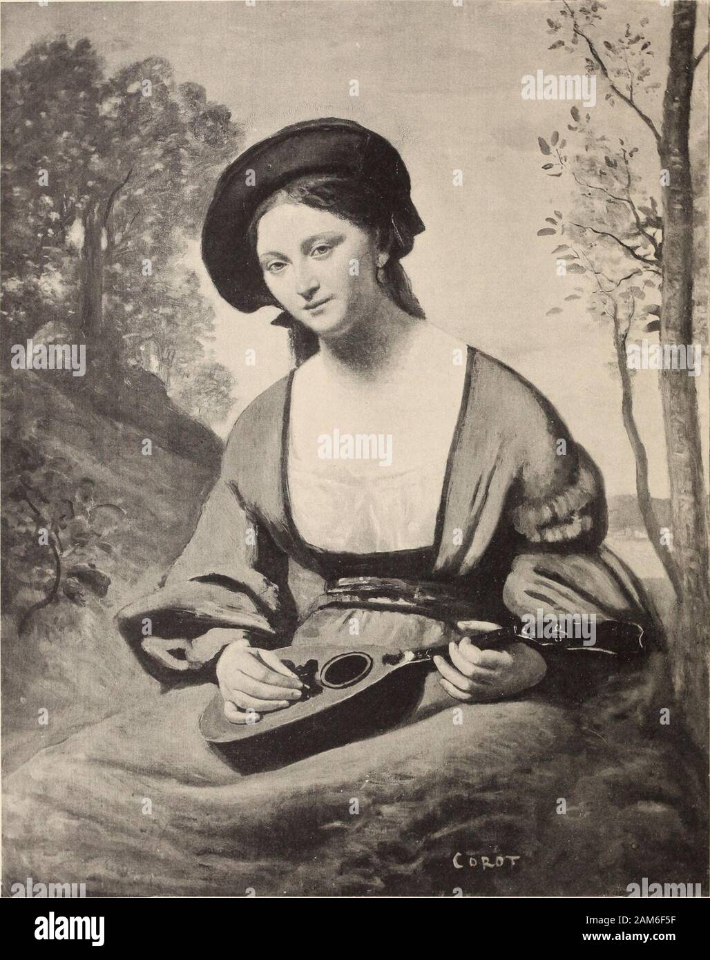 Katalog des Tableaux anciens et modernes: par Juan de Arellano, Goya, van Goyen..: Aquarelle Dessins anciens et modernes..: le tout dépendant de l'imporante Sammlung de MD.--de G. --. 70. Thotoiypie Tertbaud ç, Rue Cadet, Mwst. 17 - 15 - COROT (CAMILLE) Né, le 20 juillet 1796 à Paris, où Il mourut le 22 février 1875. 17 - La joueuse de Mandoline. Vue à Mi-Jambes, Kirche Notre-Dame de Gesicht dans un paysage, La tète inclinée Vers lépaule droite, lescheveux châtains recouverts Dune coiffure Noire, Elle a la Découverte de poitrine Nebenklägerin; elle chemisette estvêtue dune Blanche et Dun vêtement Gris Stockfoto