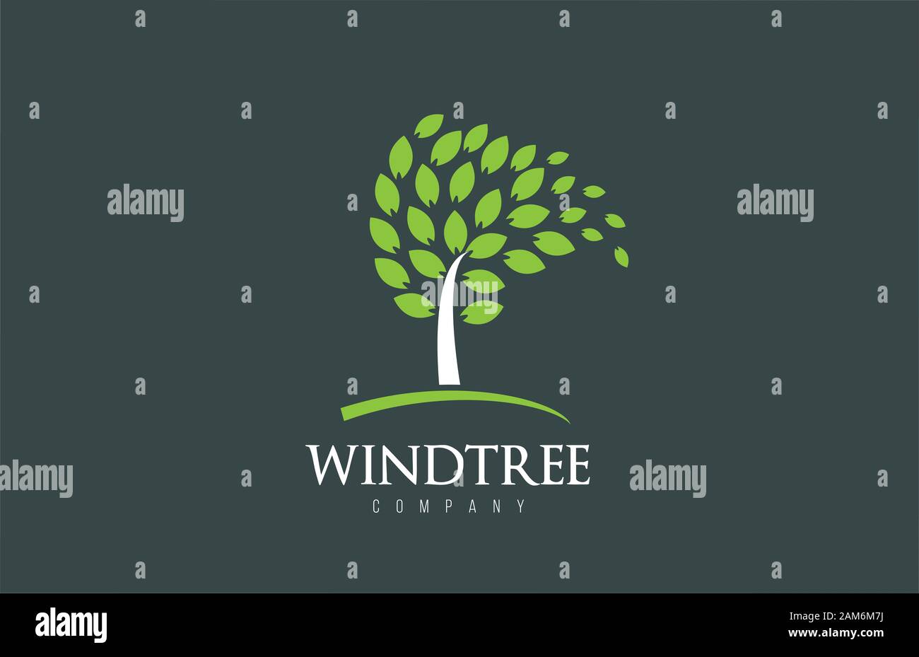 Baumlogo-Design mit Blättern Symbolvorlage Elemente Unternehmen Geschäft. Wind weht durch Blätter. Natur- oder Umweltfragen oder ökologisches Konzept Stockfoto