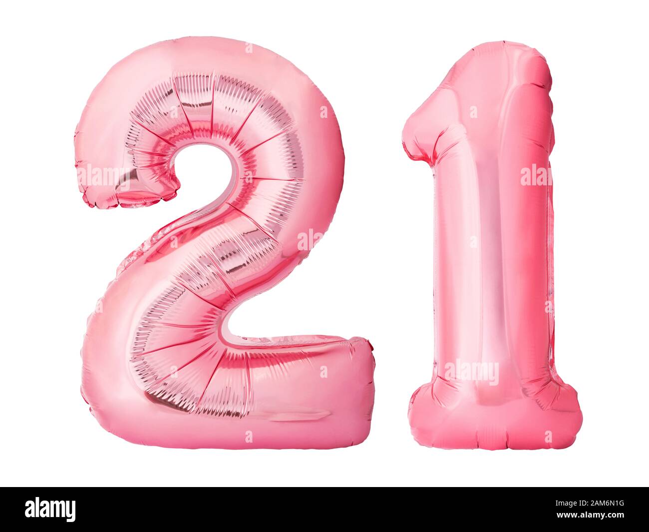 Nummer 21 einundzwanzig aus Roségold aufblasbare Luftballons auf weißem Hintergrund isoliert. Rosa Heliumballons bilden 21 einundzwanzig Zahl Stockfoto
