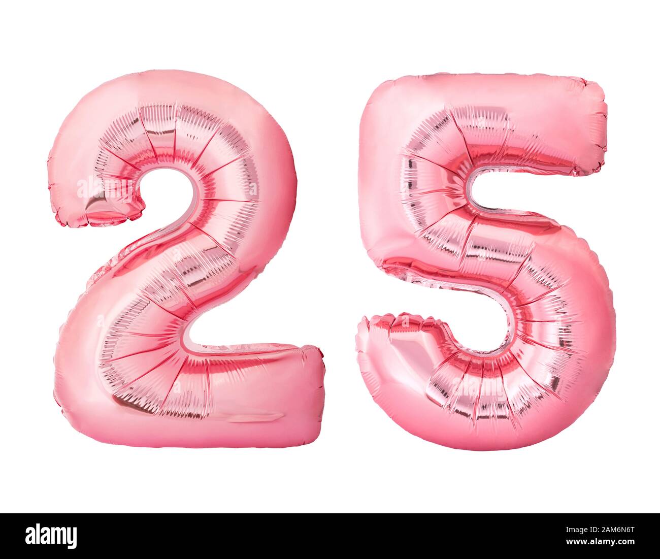 Nummer 25 fünfundzwanzig aus Roségold aufblasbare Luftballons Isoliert auf weißem Hintergrund Stockfoto