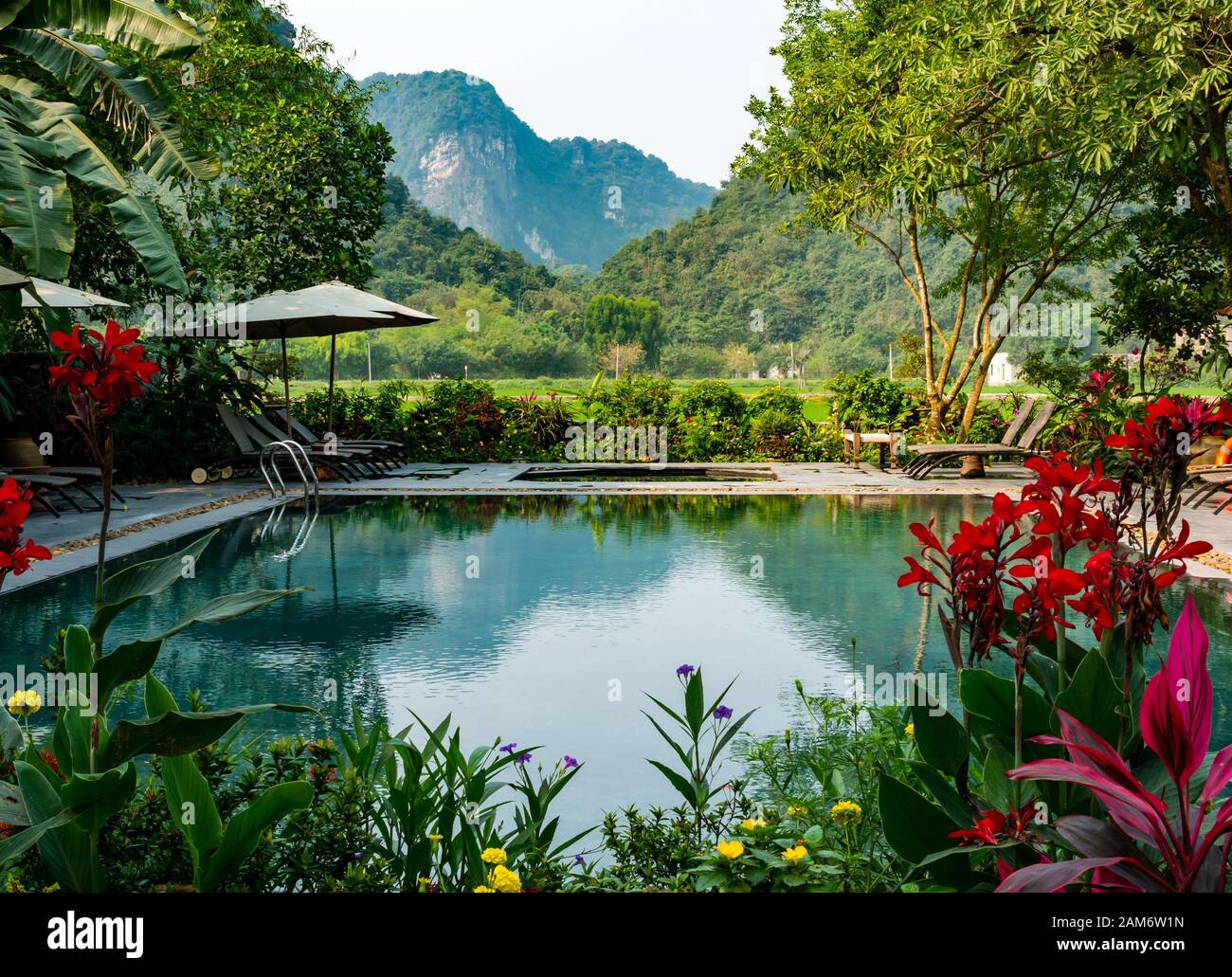 Malerischer Außenpool im Blumengarten, Tam Coc Garden Resort, Ninh Binh, Vietnam, Asien Stockfoto