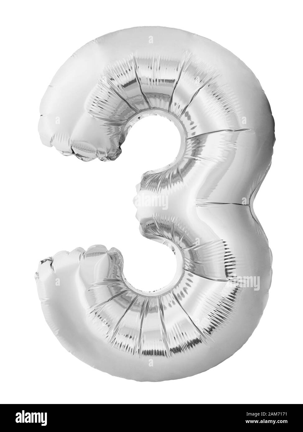 Nummer 3 drei aus silbernen aufblasbaren Ballon isoliert auf weißem Hintergrund. Rabatt und Verkauf, Geburtstag und Bildungskonzept Stockfoto