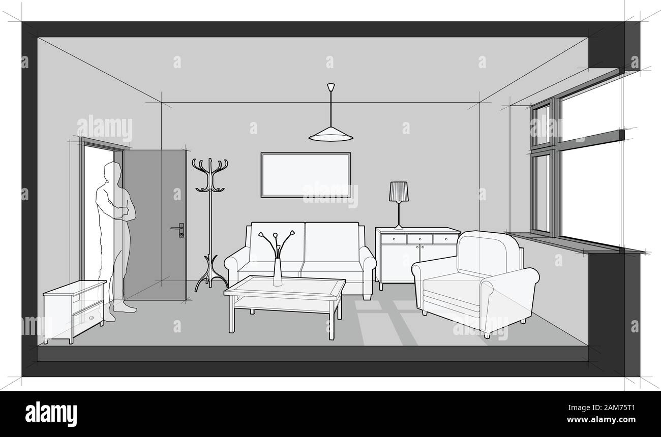Diagramm eines einzigen Zimmer mit Sofa, Stuhl, Tisch, Schränke eingerichtet, Deckenleuchte, Tücher Bügel und Malerei an der Wand Stock Vektor