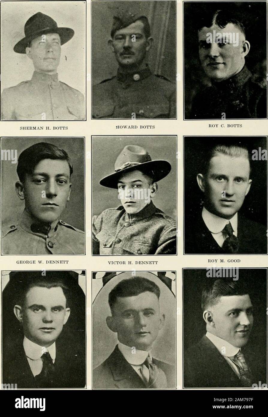 Marshall County in der Welt Krieg, 1917-1918: eine bildliche Geschichte der Beteiligung der Gemeinschaft an allen Kriegszeiten Aktivitäten mit einem kompletten Aufgebot von Soldaten und Matrosen in Service. RUSSELL W. PICKETT KENNETH und RAY M. SHEELEY BRÜDER IN SERVICE Seite 100 ein. WILLIAM ROOK Seite Hundert zwei CPL. FRED M. OSTEN BRÜDER IN SERVICE HARRY E. BROCK Stockfoto