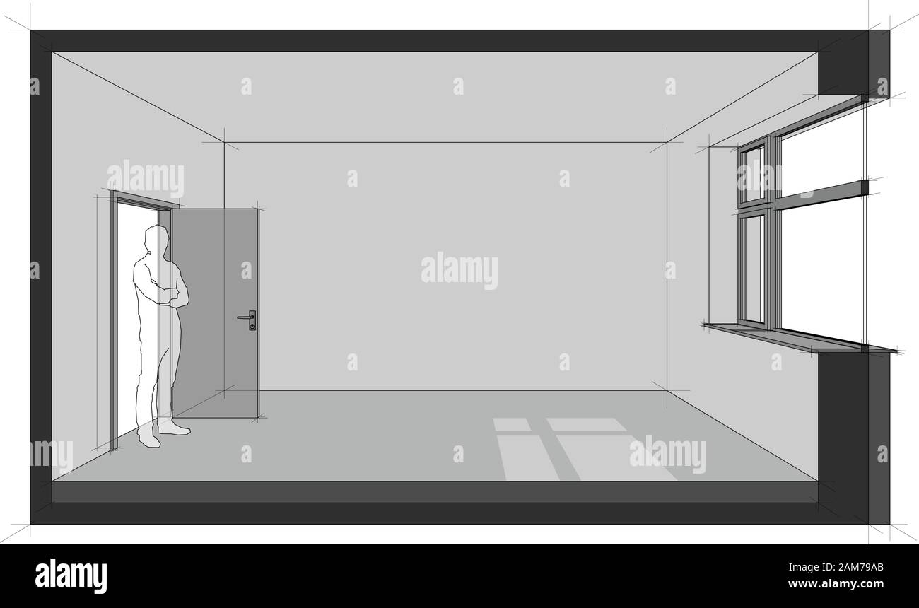 Diagramm eines leeren Raumes mit Tür und Fenster und stehendem Mann in der geöffneten Tür Stock Vektor
