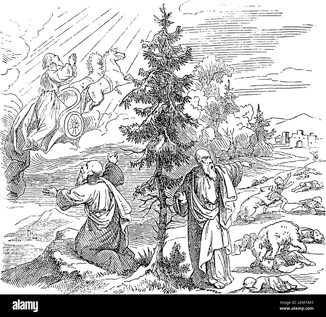 Vintage-Zeichnung oder Gravur der biblischen Geschichte des Propheten Elijah, die von Streitwagen in den Himmel gebracht wurde, zwei bären maul Jungen, die Elisha beleidigen.Bibel, Altes Testamente, 2 Könige 2. Biblische Geschichte, Deutschland 1859. Stock Vektor