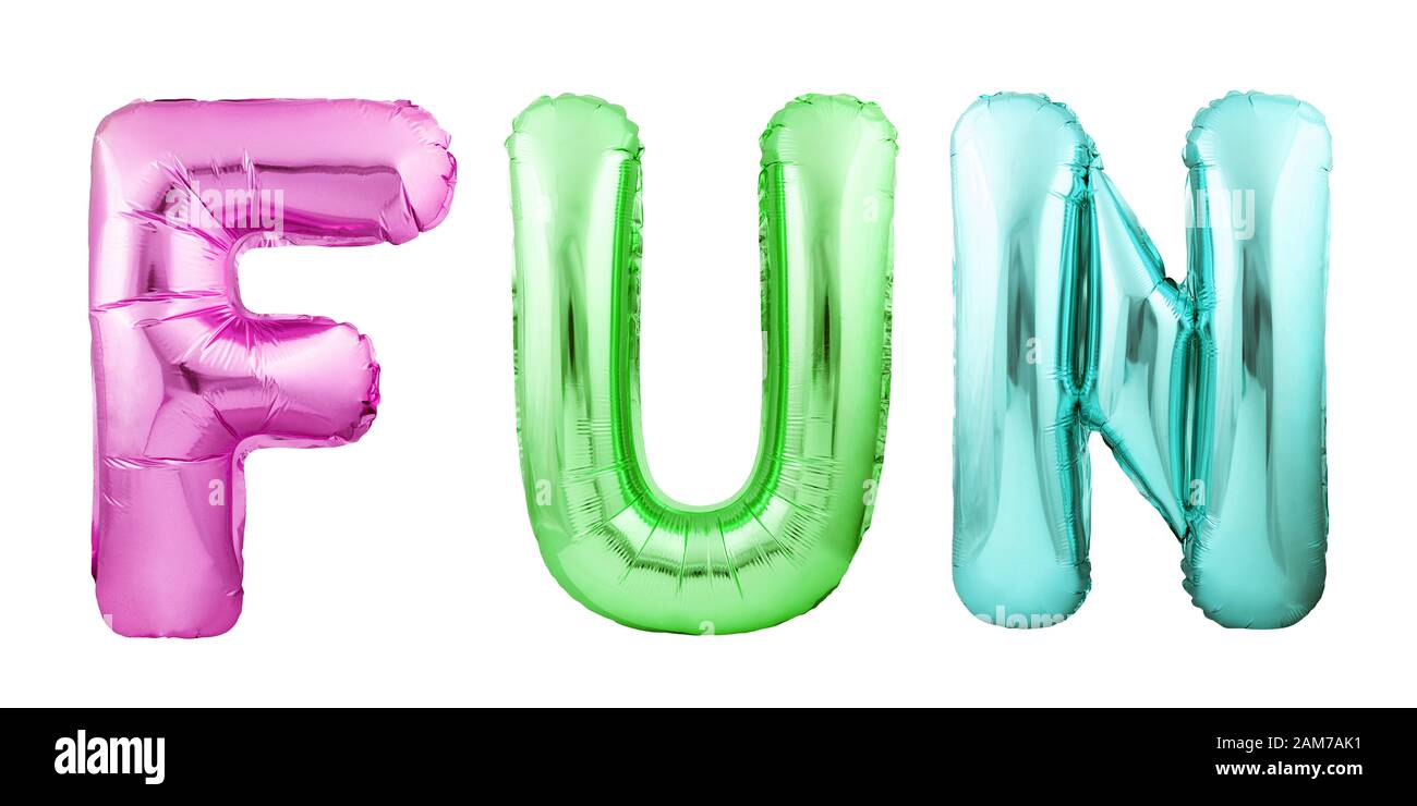 Wort SPASS aus bunten aufblasbaren Luftballons auf weißem Hintergrund ...
