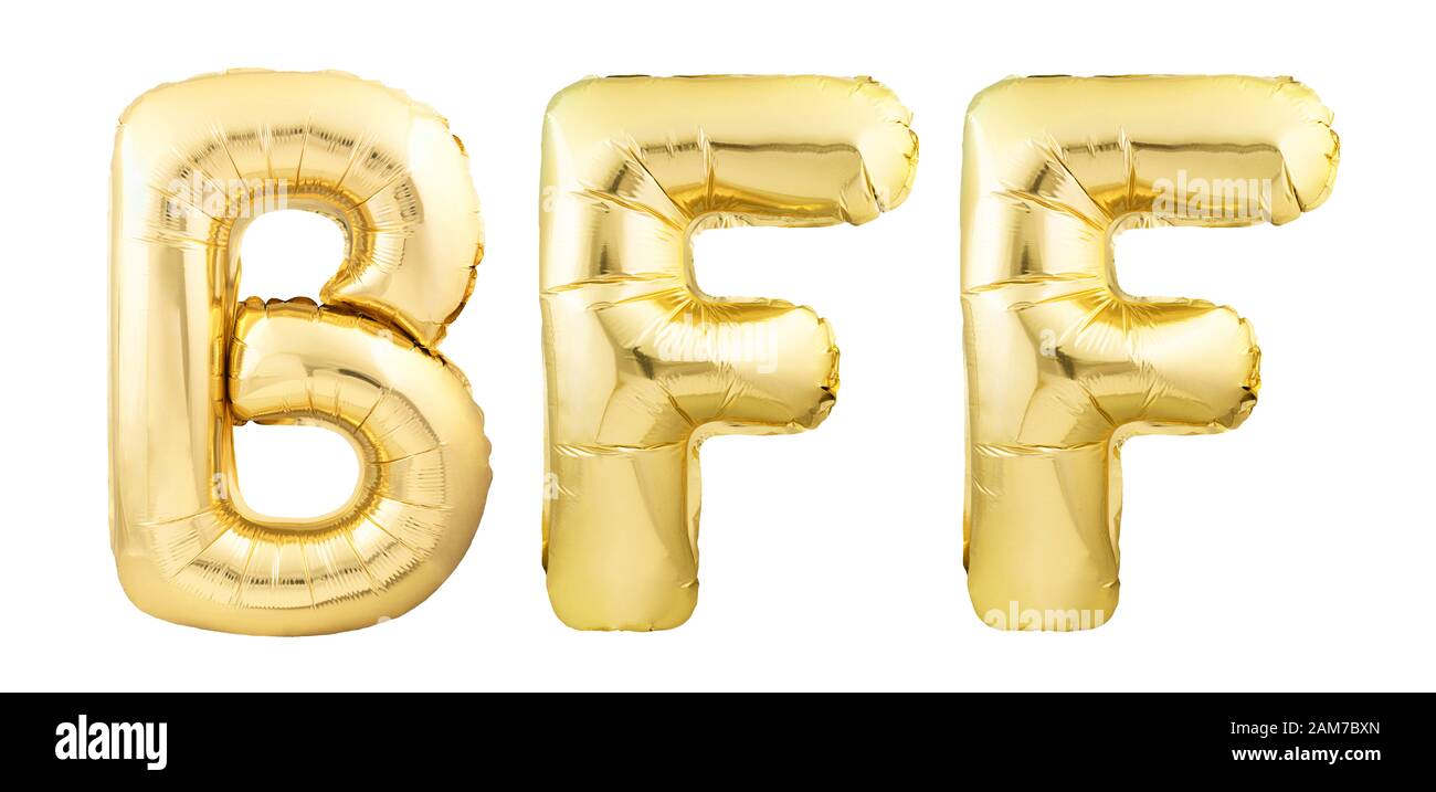 BFF für Best Friends Forever aus goldenen aufblasbaren Ballon Buchstaben isoliert auf weißem Hintergrund Stockfoto