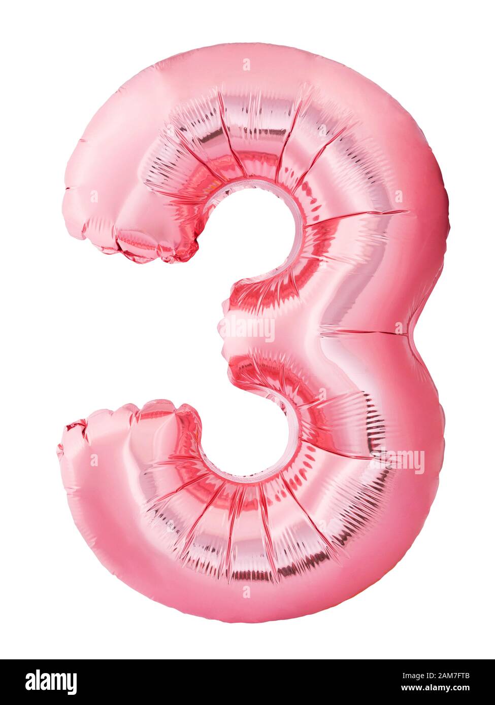 Nummer 3 drei aus Roségold aufblasbaren Ballon isoliert auf weißem Hintergrund. Rabatt und Verkauf, Geburtstag und Bildungskonzept Stockfoto