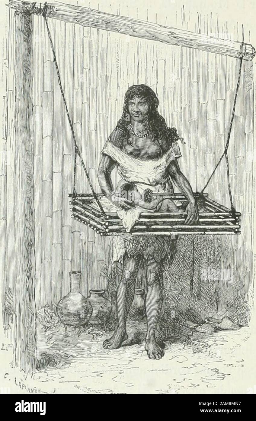 Améca pintoresca; descripcion de viajes al nuevo continente por los mas modernos exploradores . os llenosde rocas á flor de tierra, cubiertas por todoslados de menudo césped. Cerca del rio da idea de un cultivo per-feccionado, la hacienda de Santa Rosa. Los planos inclinados se suceden, nodesapareciendo hasta la cúspide, en cuyositio anuncian la proximidad de la poblaciónlas primeras casas situadas al borde del cami-no Estas habitaciones se distinguen por la Especie de cruz de Malta de grandes dimensionesque forman las aristas de las cubiertas. De las nuevas plantas que llamaron mi atención Stockfoto