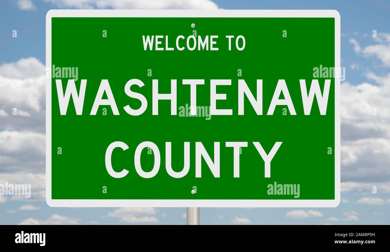 Rendering von einem grünen 3d Autobahn Zeichen für Washtenaw County Stockfoto
