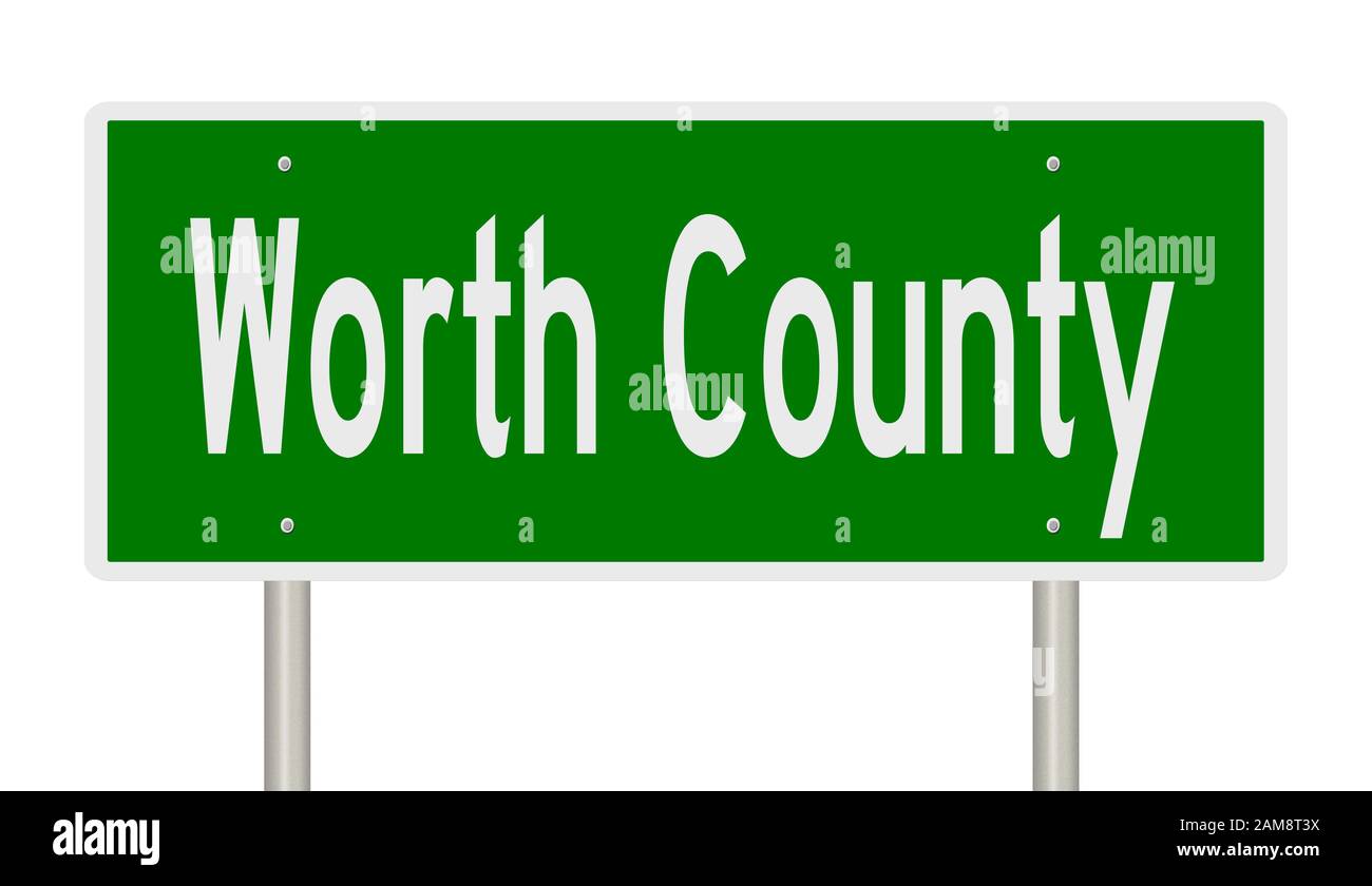 Rendering eines grünen 3D-Autobahnzeichens für Worth County Stockfoto