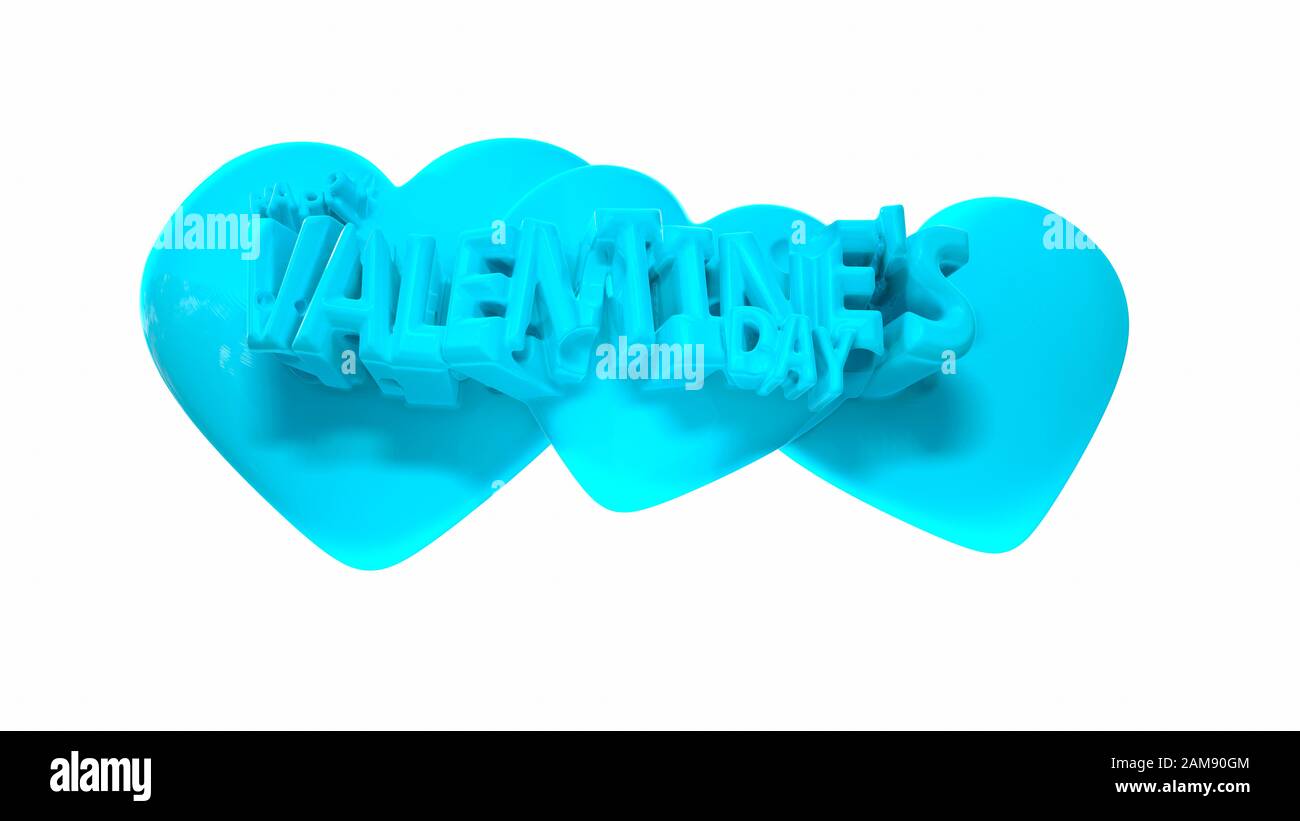 Happy Valentine's Day Schriftzug mit drei Herzen hinter in blauer Farbe aus Karamell. 3d-Abbildung auf weißen isoliert. Stockfoto