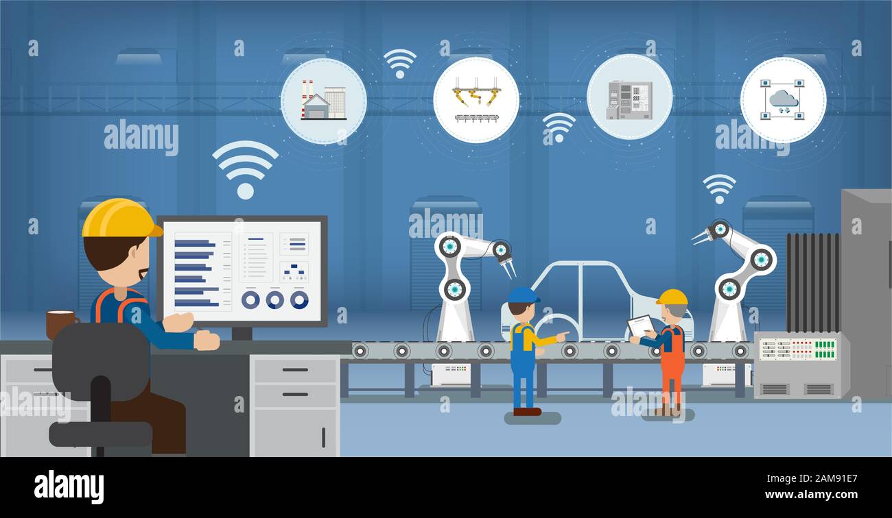 Automatisierung Industrie-Konzept mit Roboter und Maschinen flache Design Vector Illustration Stock Vektor