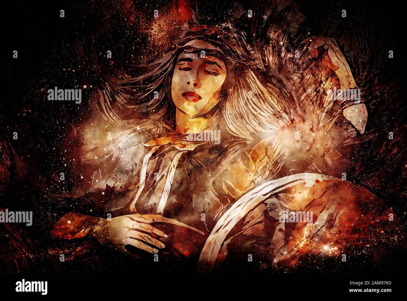 Schamanisches Mädchen mit Rahmentrommel auf abstraktem strukturiertem Raumhintergrund. Stockfoto