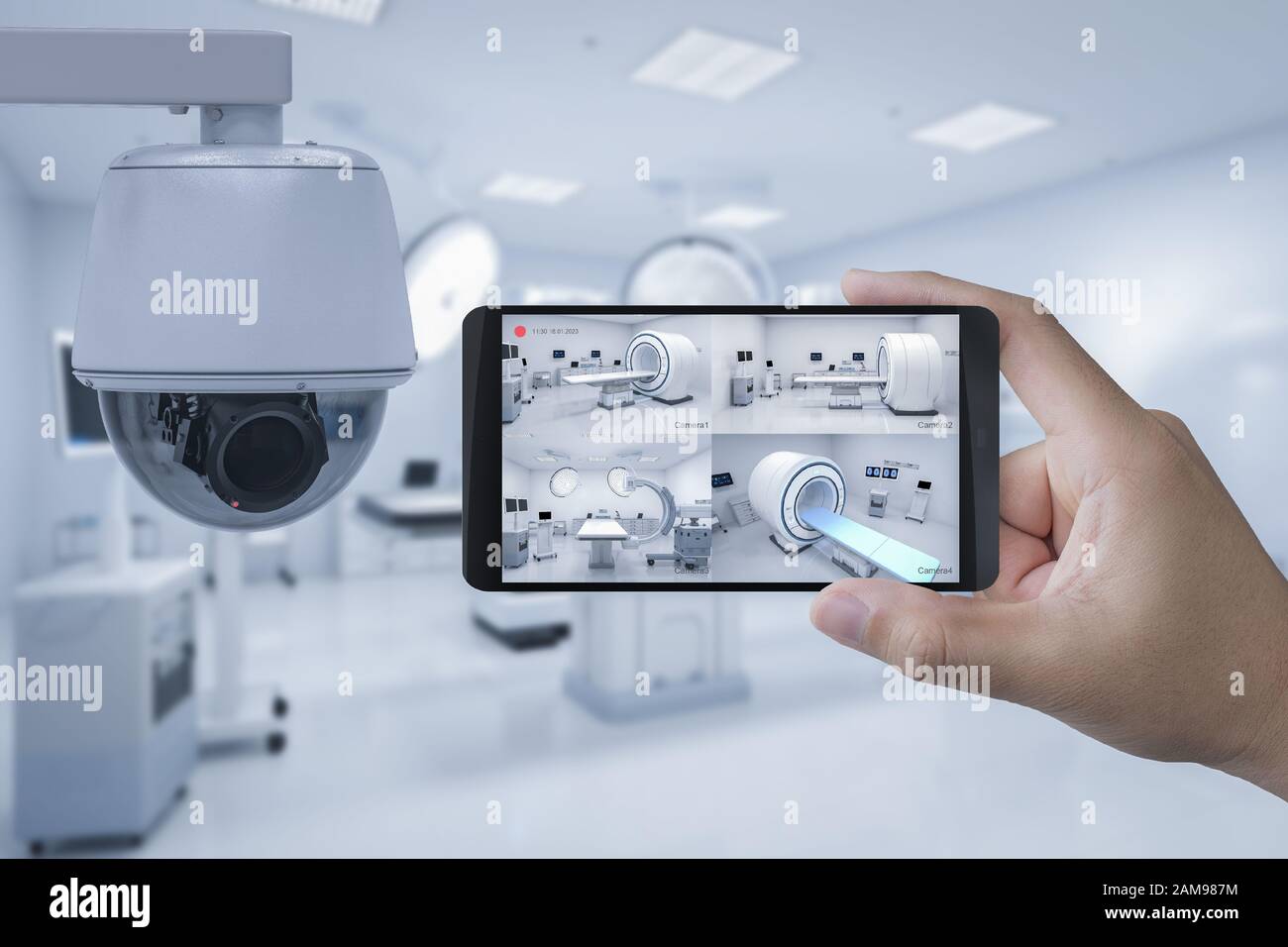 3D-Rendering-Mobile-Verbindung mit der Überwachungskamera im Krankenhaus Stockfoto