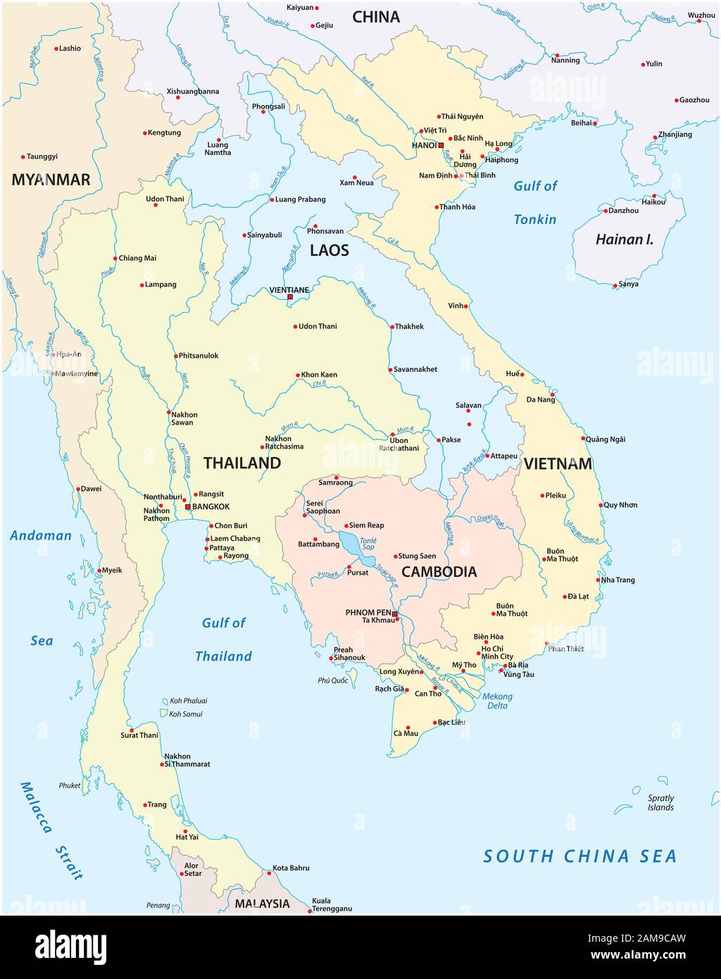 Karte der Staaten Südostasiens Stock Vektor