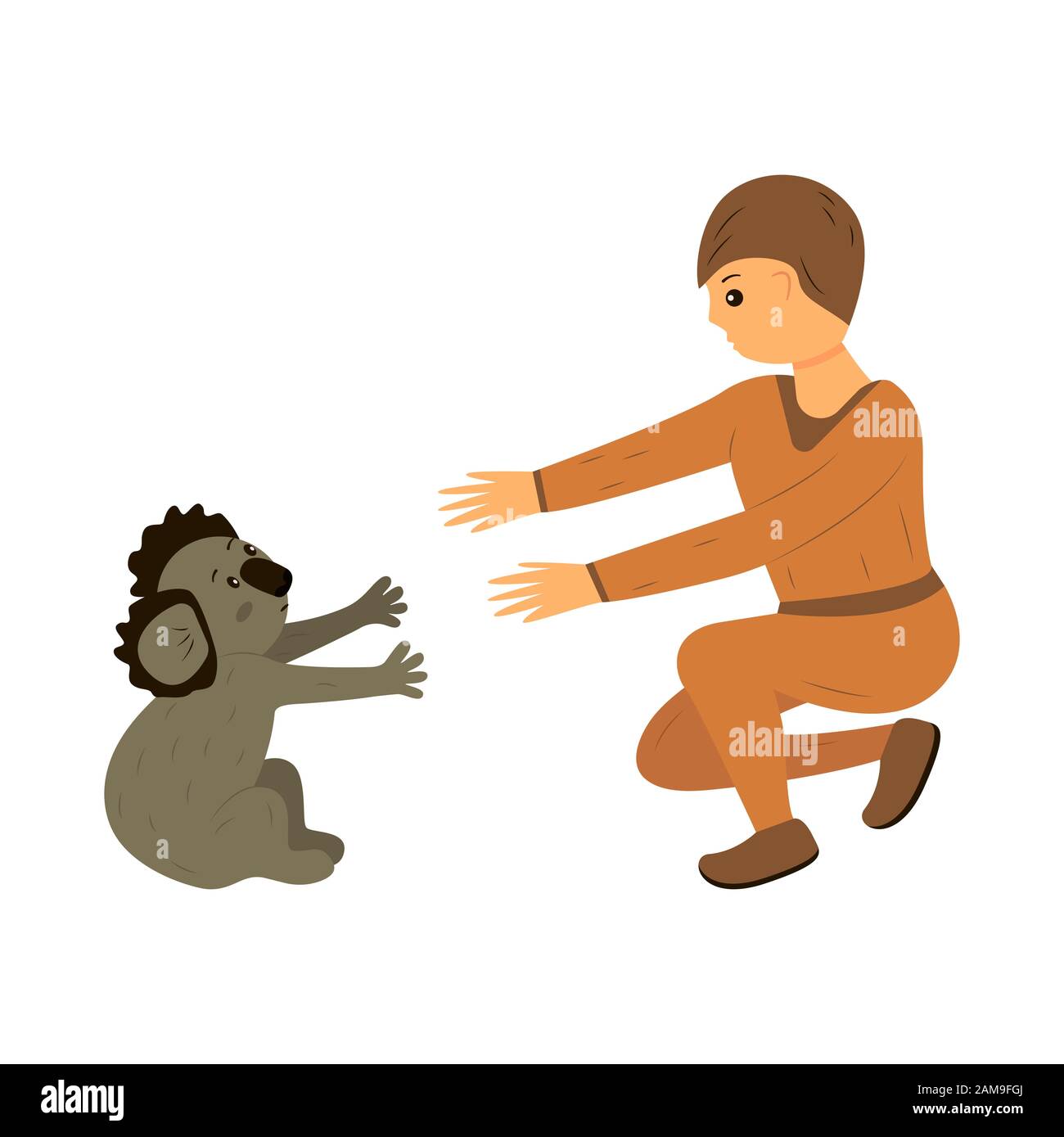 Ein Mann rettet einen Koala vor einem Brand in Australien. Retten Sie Tiere vor Bränden in Australien. Mutiger Mann, Freiwilliger und Feuerwehrmann. Rufen Sie um Hilfe. Die Stockfoto