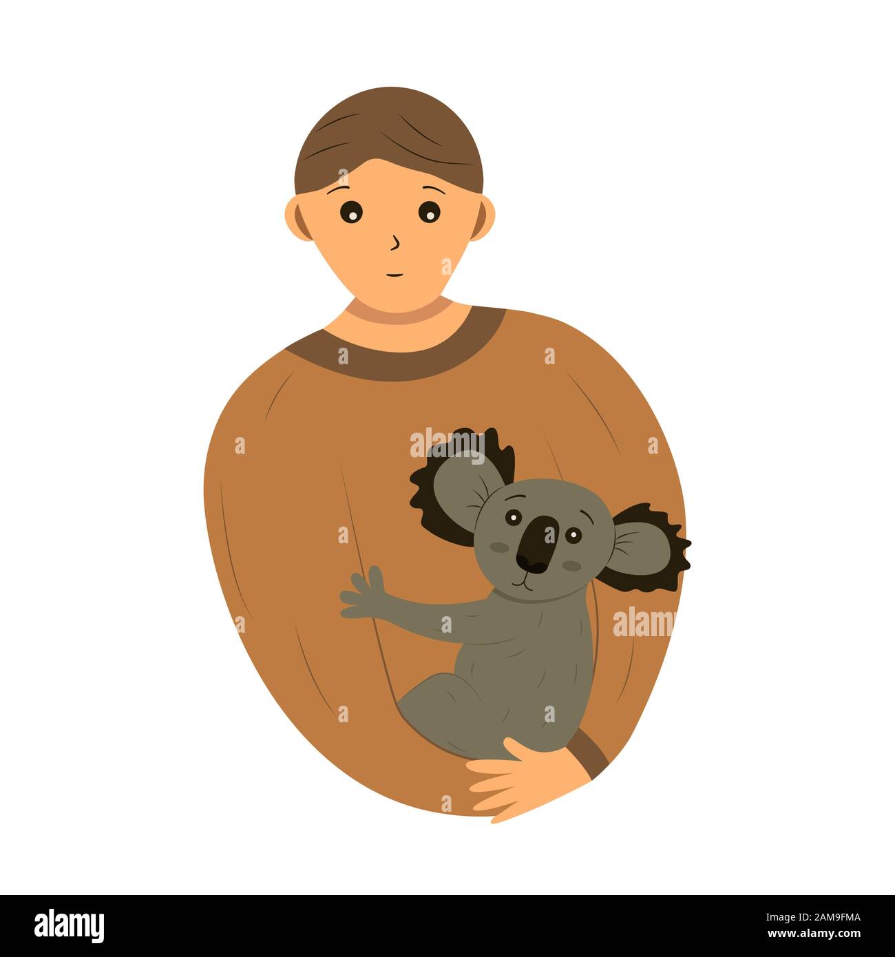 Ein Mann hält einen kleinen Koala in seinen Armen. Retten Sie Tiere vor Bränden in Australien. Mutiger Mann, Freiwilliger und Feuerwehrmann. Rufen Sie um Hilfe. Der Schaber Stock Vektor