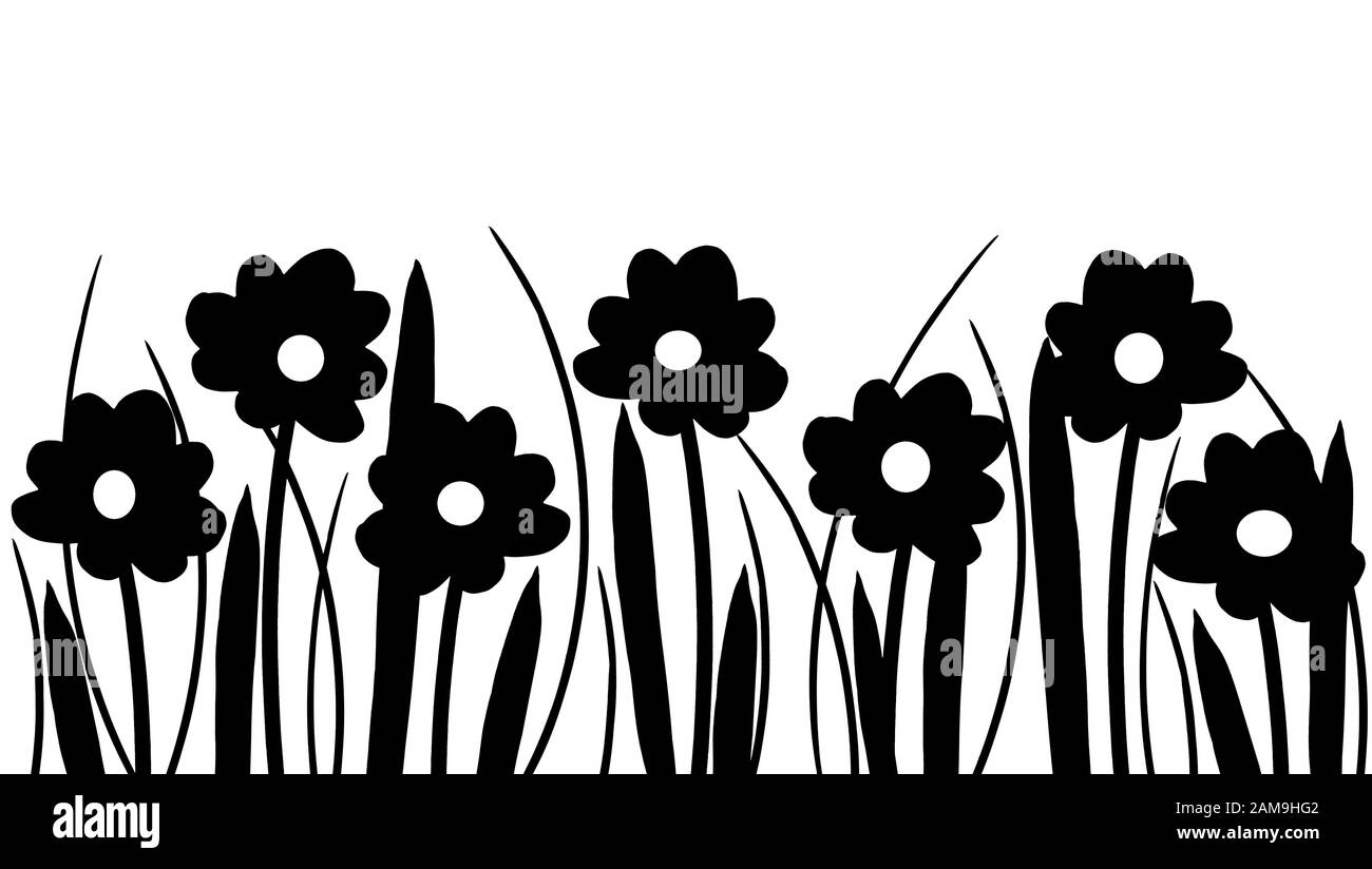 Silhouette von Frühlingsblumen und Gras auf weißem Hintergrund Stockfoto