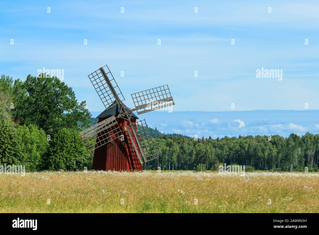 Die typische rote, schwedische Windmühle, die auf den Feldern voller Getreide steht. Die ländliche Landschaft der schwedischen Landschaft. Stockfoto