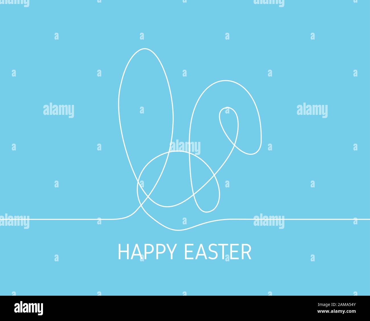 Einfache, durchgehende weiße Strichzeichnung, Osterhase auf blauem Hintergrund. Minimalistischer Hintergrund für das Konzept des Ostertags. Stock Vektor