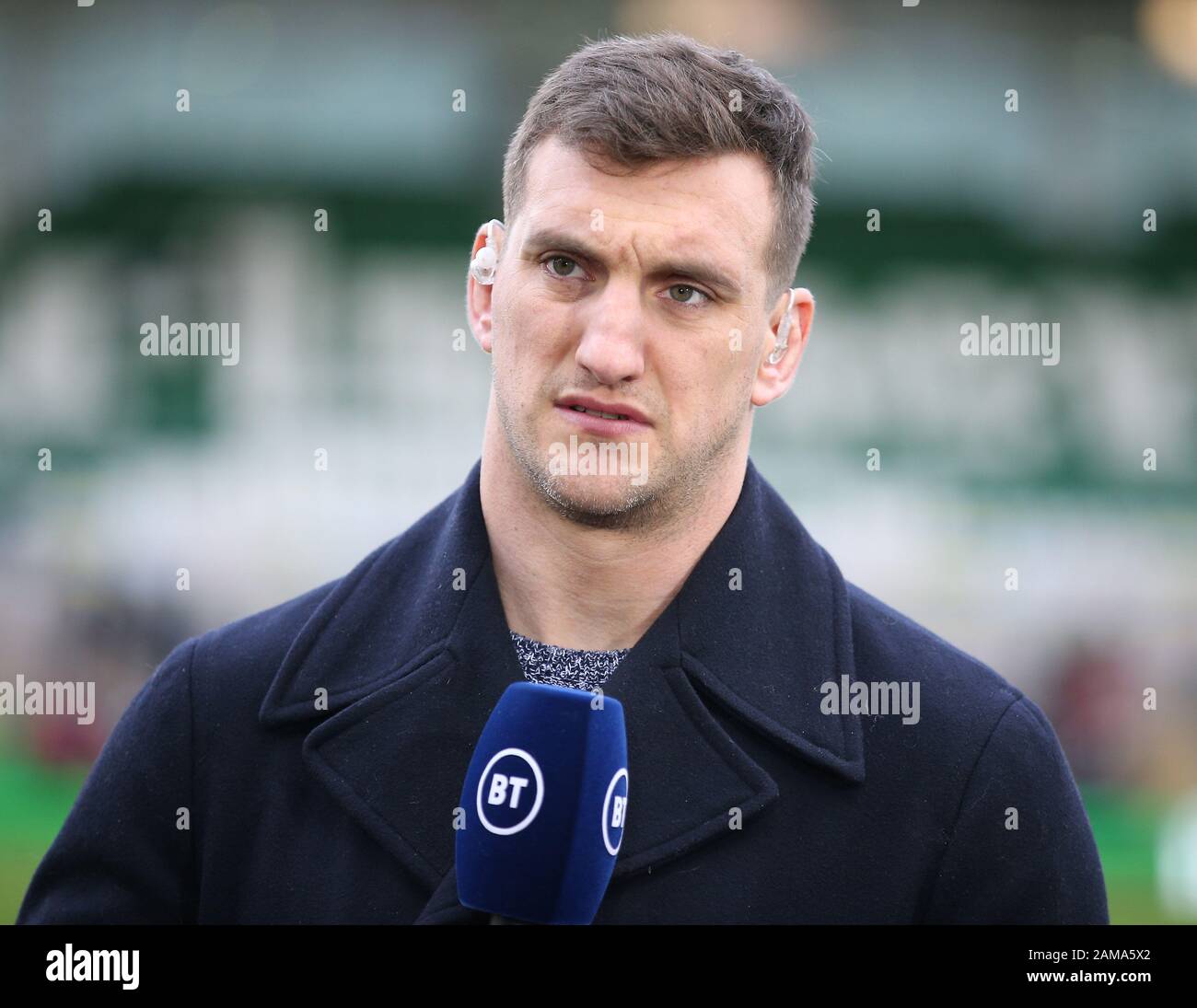 George North arbeitete für BT vor dem Spiel zwischen Northampton Heiligen und Benetton Rugby während des Heineken Champions Cup Pool One Matches in Franklin's Gardens, Northampton. Stockfoto